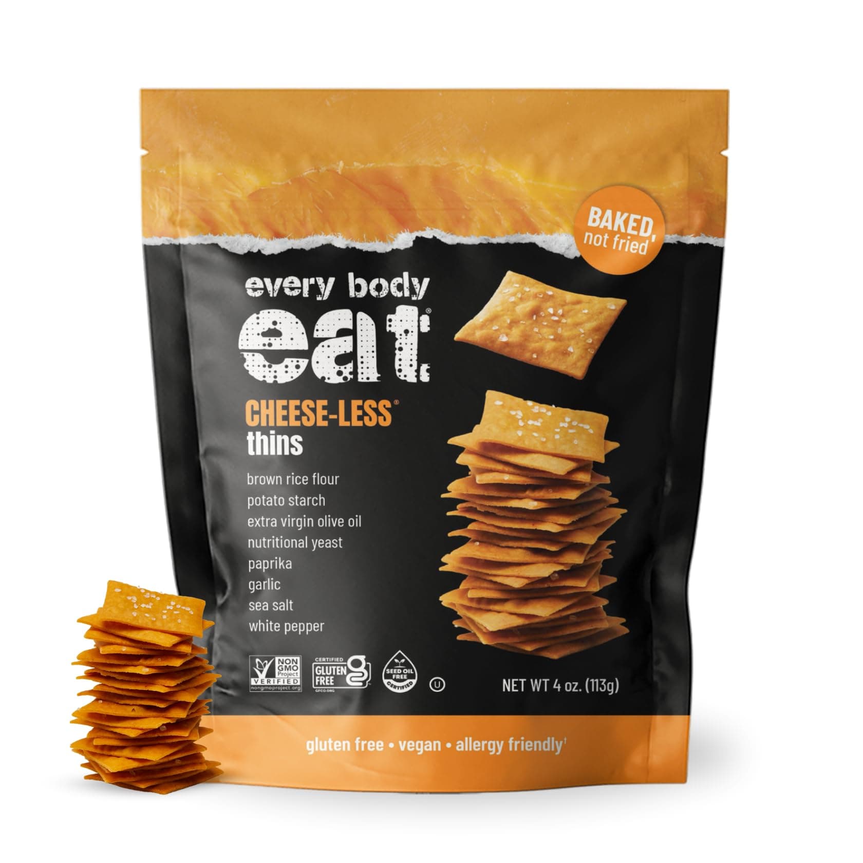 Every Body Eat Snack Cracker Thins, Cheese-Less - Gluten Free, Vegan, Dairy Free, and Seed Oil Free, 4oz