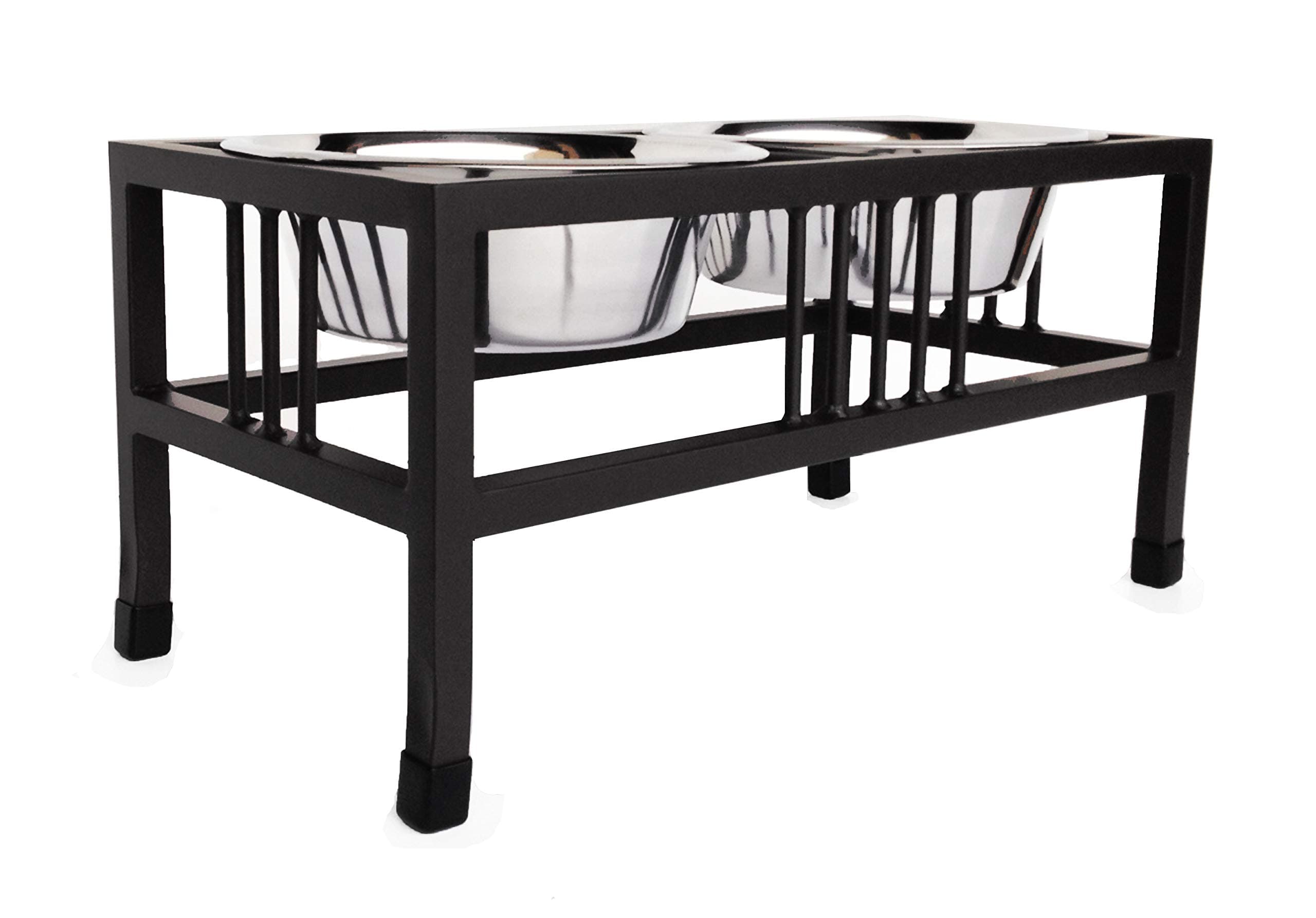 NMN Designs Baron Double Bowl Elevated Diner-Raised Dog Food Bowls with Tall Stand - Elevated Dog Feeder with Stainless Bowls-Standing Dog Bowl with Non-Skid Features-21"L x 10.5"W x 10"H, Black