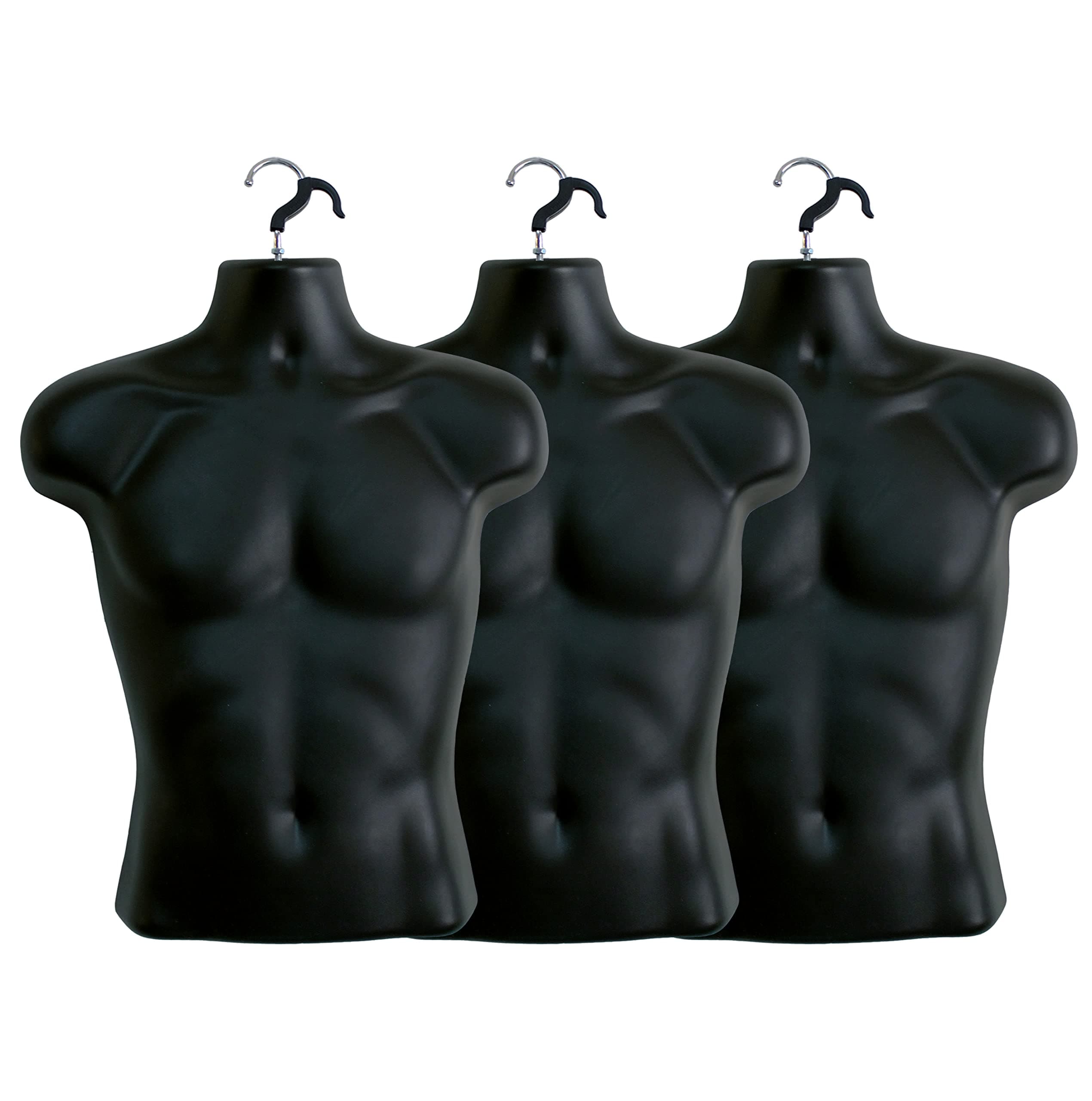 DisplayTown Black Male Mannequin Torso Hollow Back Body Stackable Dress Form with Hanging Hooks for Tshirt Display, Countertop, Craft Shows, Photos and Design, S-M Clothing Size (Black, Set of 3)