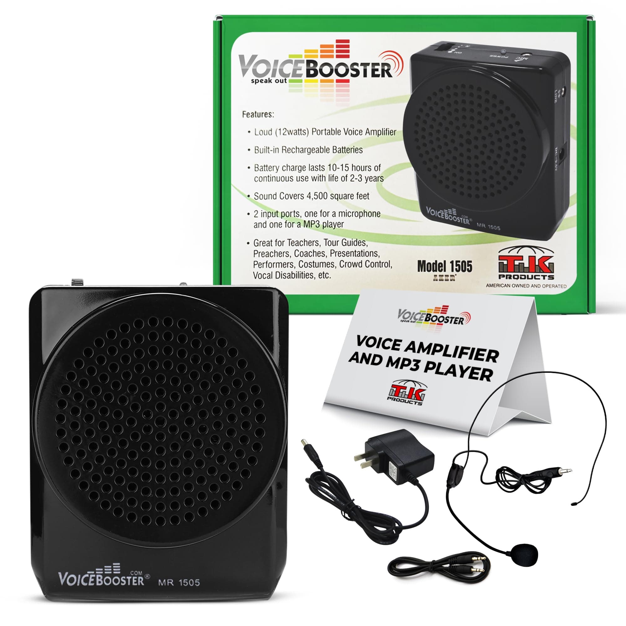 Voice Booster VoiceBooster Voice Amplifier 12watts Black MR1505 (Aker) by TK Products, Portable, for Teachers, Coaches, Tour Guides, Presentations, Costumes, Etc.