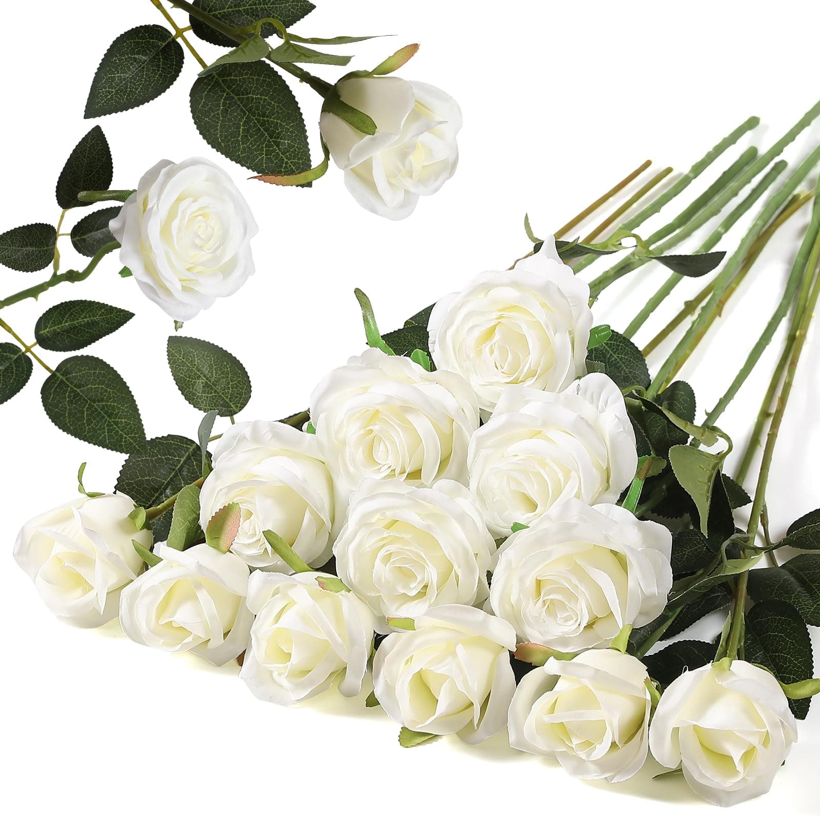 12PCS Artificial Silk Flowers Realistic Roses Bouquet Long Stem for Home Wedding Decoration Party (White -2)