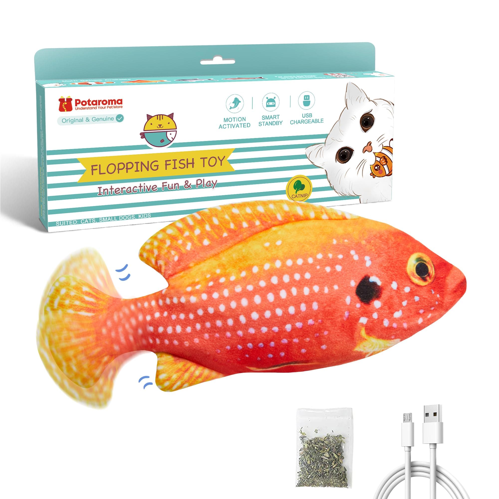 Potaroma Flopping Fish Cat Toy, Interactive Moving Floppy Gemfish, Catnip & Silvervine Enrichment, Kitten Kicker Indoor Exercise for All Breeds, 10.5 Inches