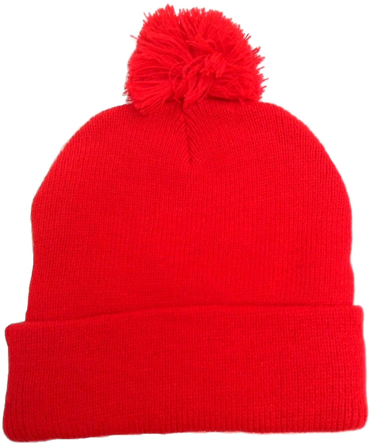 Cuffed Red Pom Beanie Solid Blank Plain