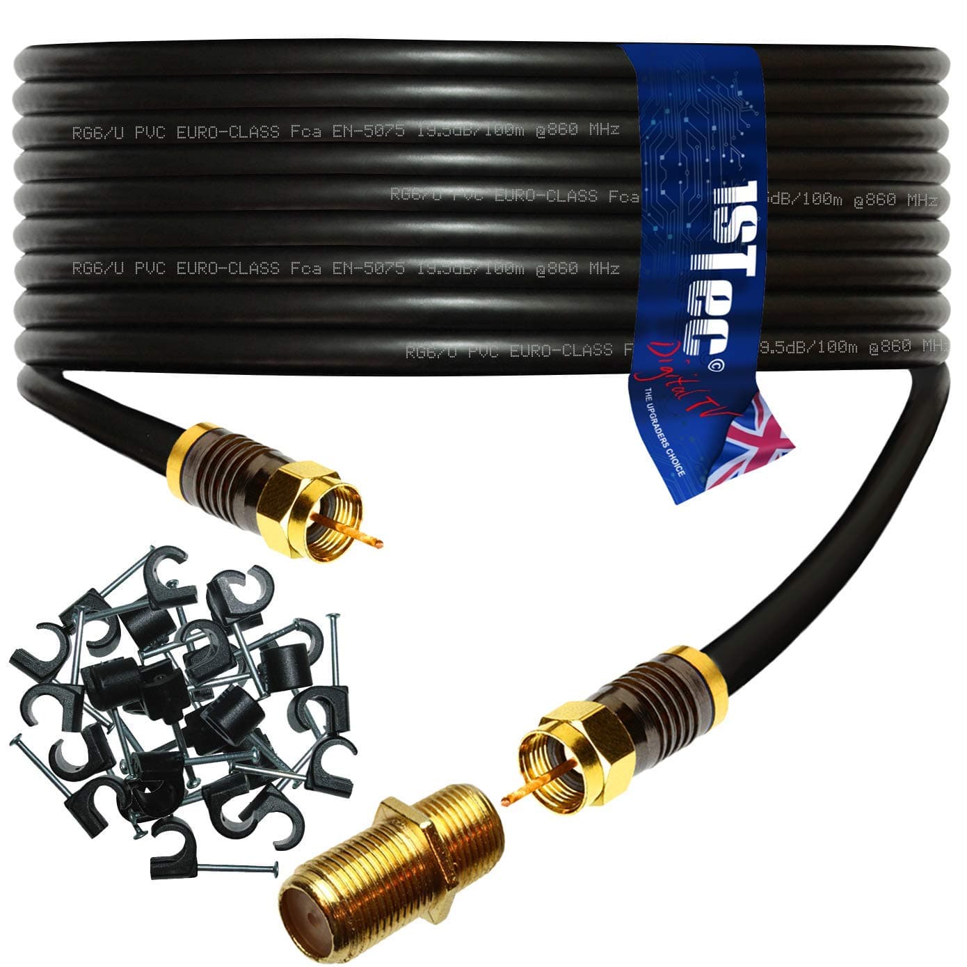 1STec 5m Gold Plated Male to Male Virgin Media Extension Cable with Cable Clips + Female Joining Coupler for V6 TIVO Set Top Box or VIVID Fibre Super Hub Broadband Modems (5 Metre, Black)