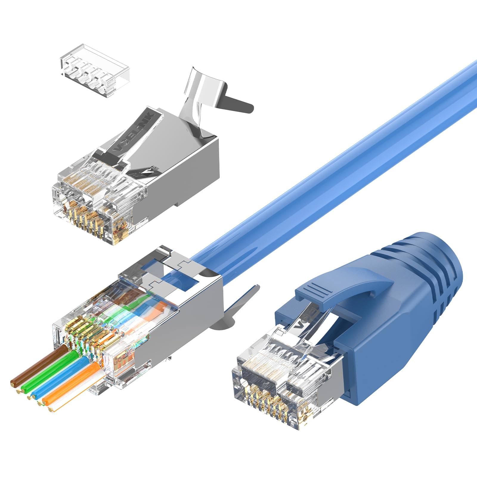 VCELINK CAT6A Connector, RJ45 Connectors Pass Through CAT6A CAT7 Shielded, UL-Listed 3-Prong Gold Plated, CAT7 Connector with Strain Relief Boots (RJ45 Connector-Transparent, Blue, 30-Pack)