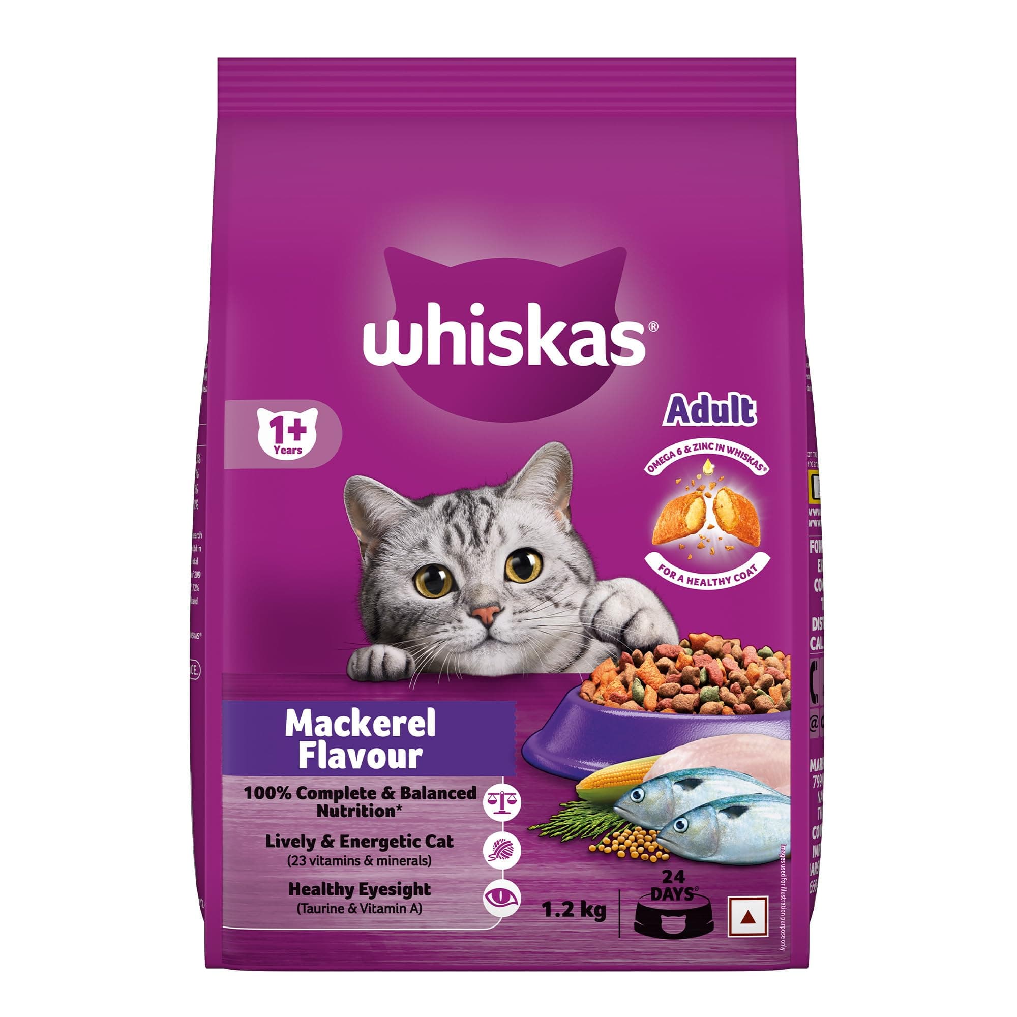 Adult (1+ Years) Dry Cat Food, Mackerel Flavour, 1.2 kg, Contains 41 Essential Nutrients, Complete & Balanced Nutrition for Adult Cats
