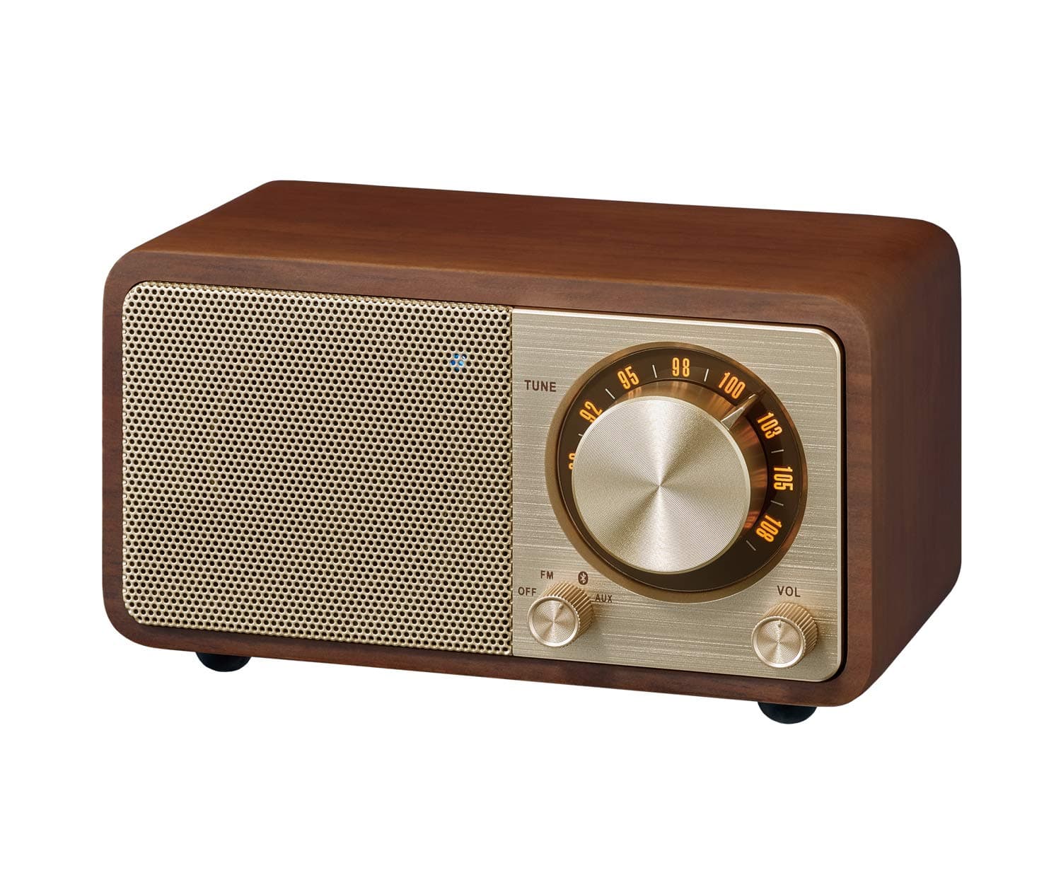 WR-7GW Wood Cabinet Mini Bluetooth Speaker with FM Tuner and Aux-in Special Edition Color Gold/Walnut