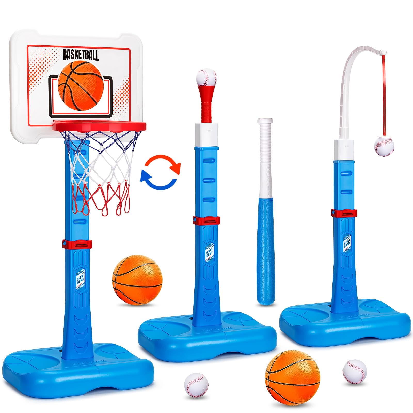 3 in 1 Kids Basketball Hoop and T Ball Set, Adjustable Height Toddler Basketball Hoop, Hanging Tee Baseball, Indoor Outdoor Sports Toys Gifts for Toddlers Boys Girls Ages 3 4 5 Year