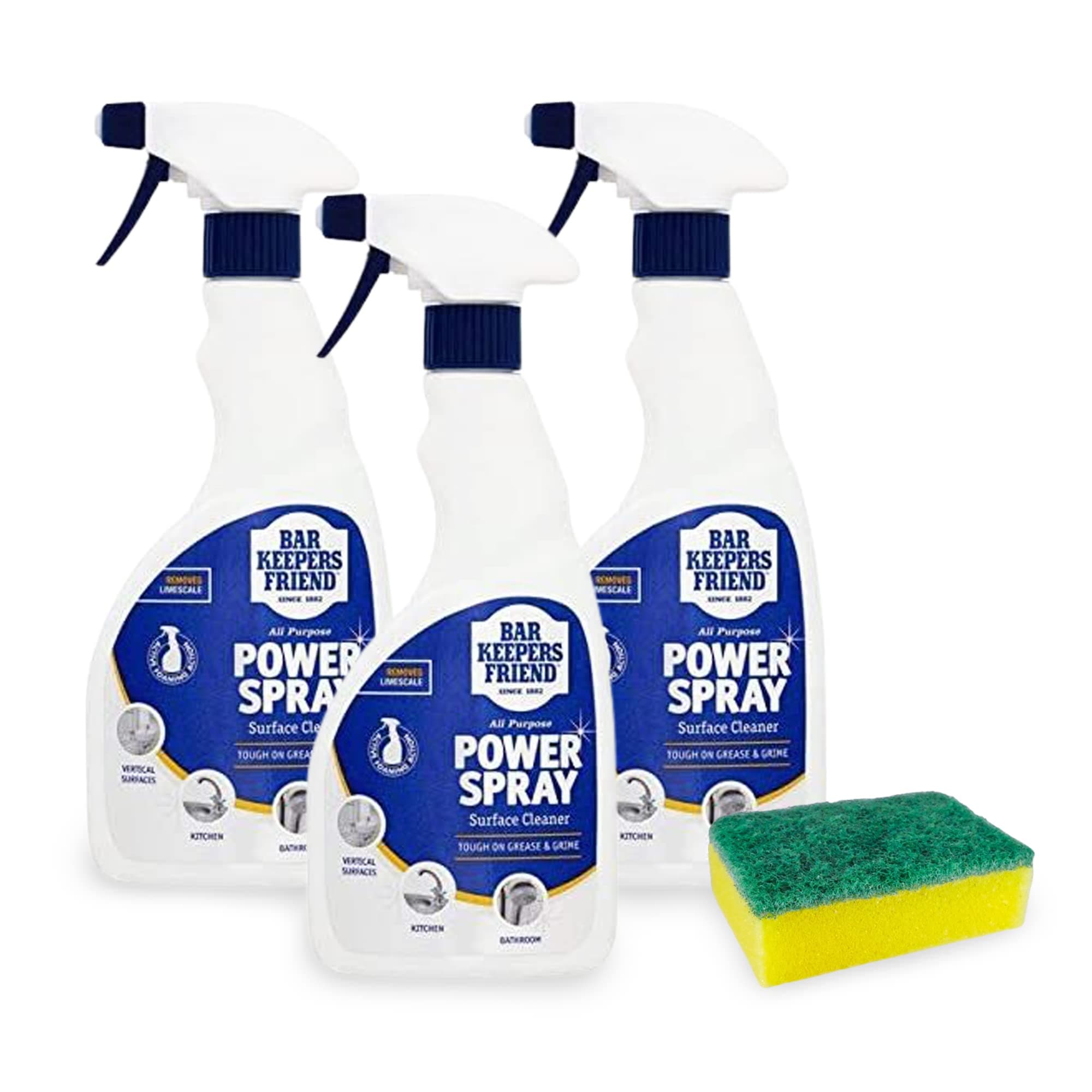 All-purpose Stain Remover Spray (Multi Pack) - Bar Keepers Friend Stain Remover Power Spray and a Cleaning Sponge | Barkeeper's Friend Multi-Surface Foaming Cleaner Removes Grease, Grime, Limescale
