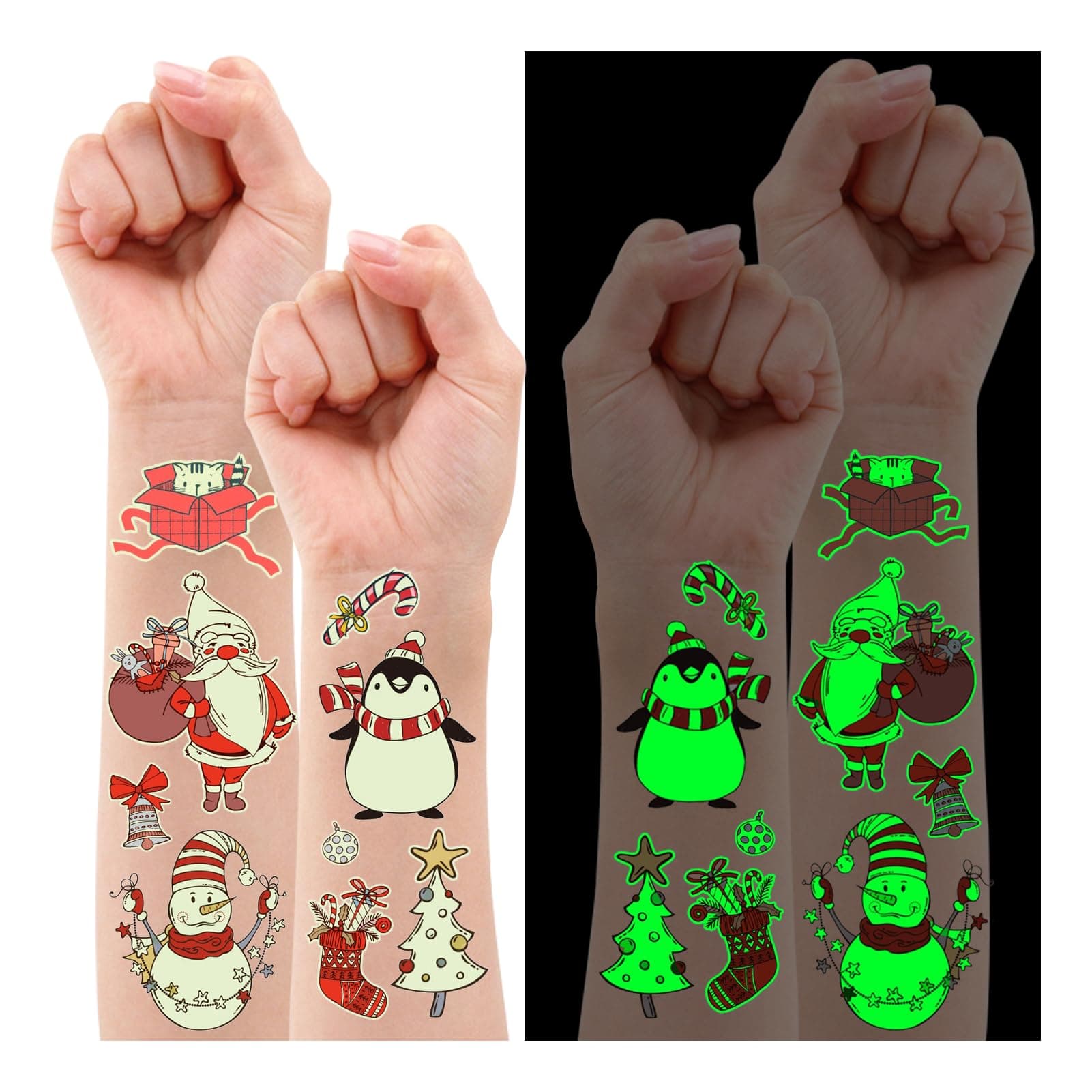 Partywind 10 Sheets Luminous Christmas Temporary Tattoos for Kids Stocking Stuffers, Christmas Party Decorations Supplies Favors for Birthday Party, Xmas Holiday Stickers Games for Boys and Girls