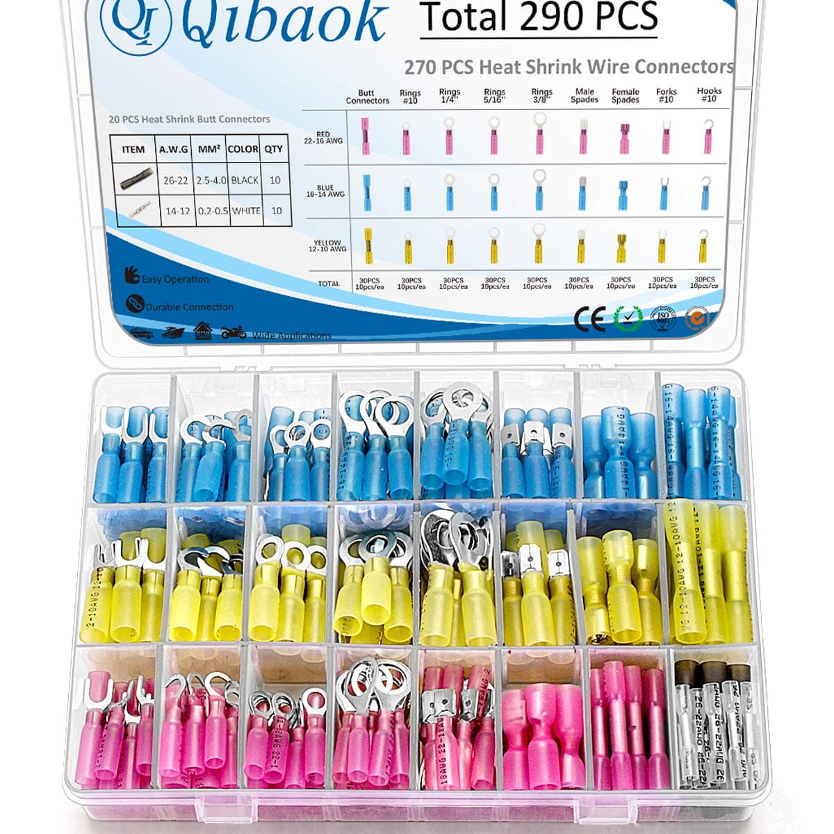290 PCS Heat Shrink Wire Connectors Qibaok Insulated Electrical Terminals Kit Waterproof Marine Crimp Connector Assortment Ring Fork Hook Spade Butt Splices