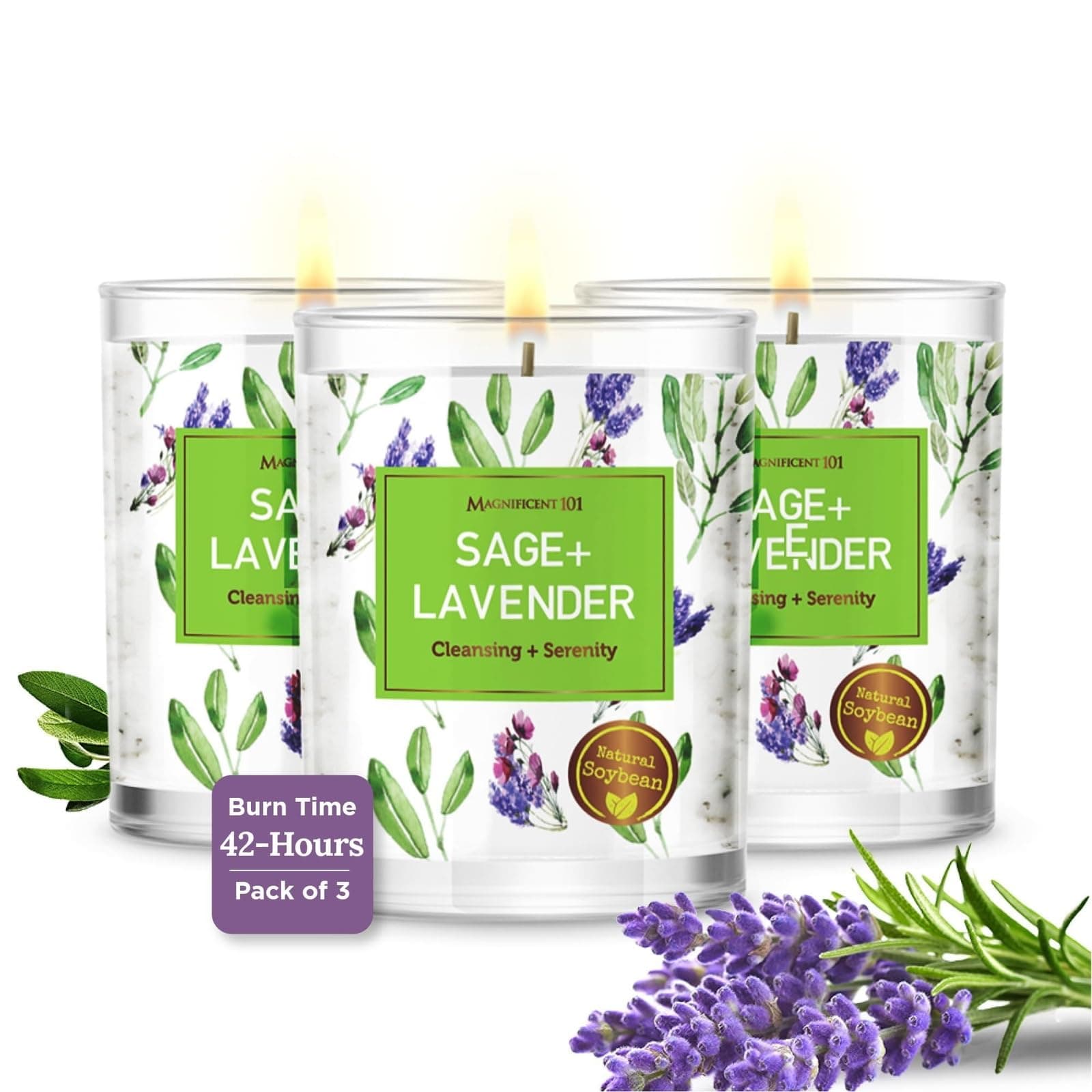 Magnificent 101 Soy Candle Set of 3 Pure Sage & Lavender - 3.5 oz Glass Jars, 42-Hour Burn - Natural Aromatherapy Candles for Energy Cleansing & Meditation Accessories