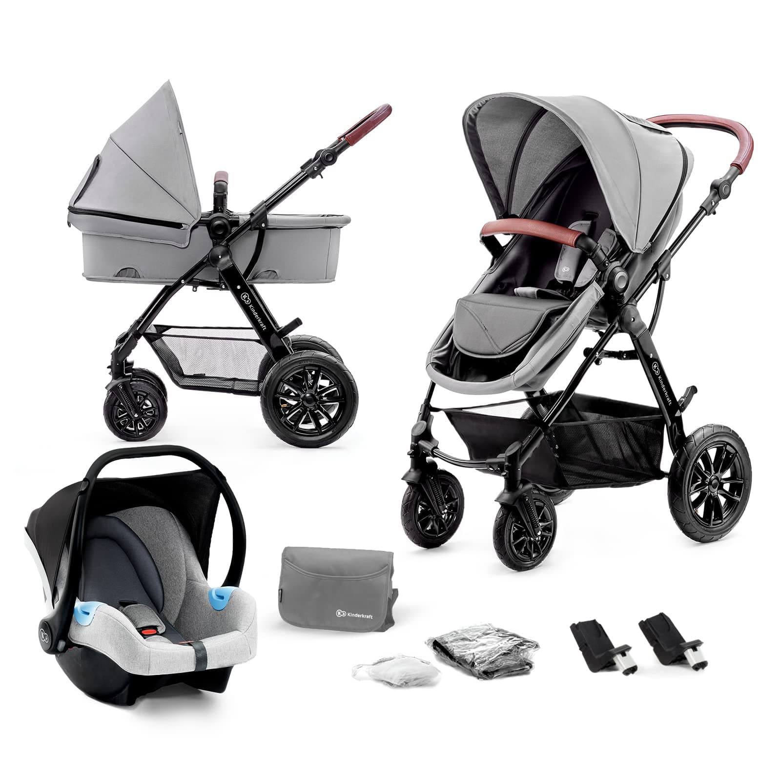 kk Kinderkraft Pram 3 in 1 Set MOOV, Travel System, Baby Pushchair, Rear and Front Facing, Foldable, with Infant Car Seat, Accessories, Rain Cover, Footmuff, Up to 3 Years, Gray