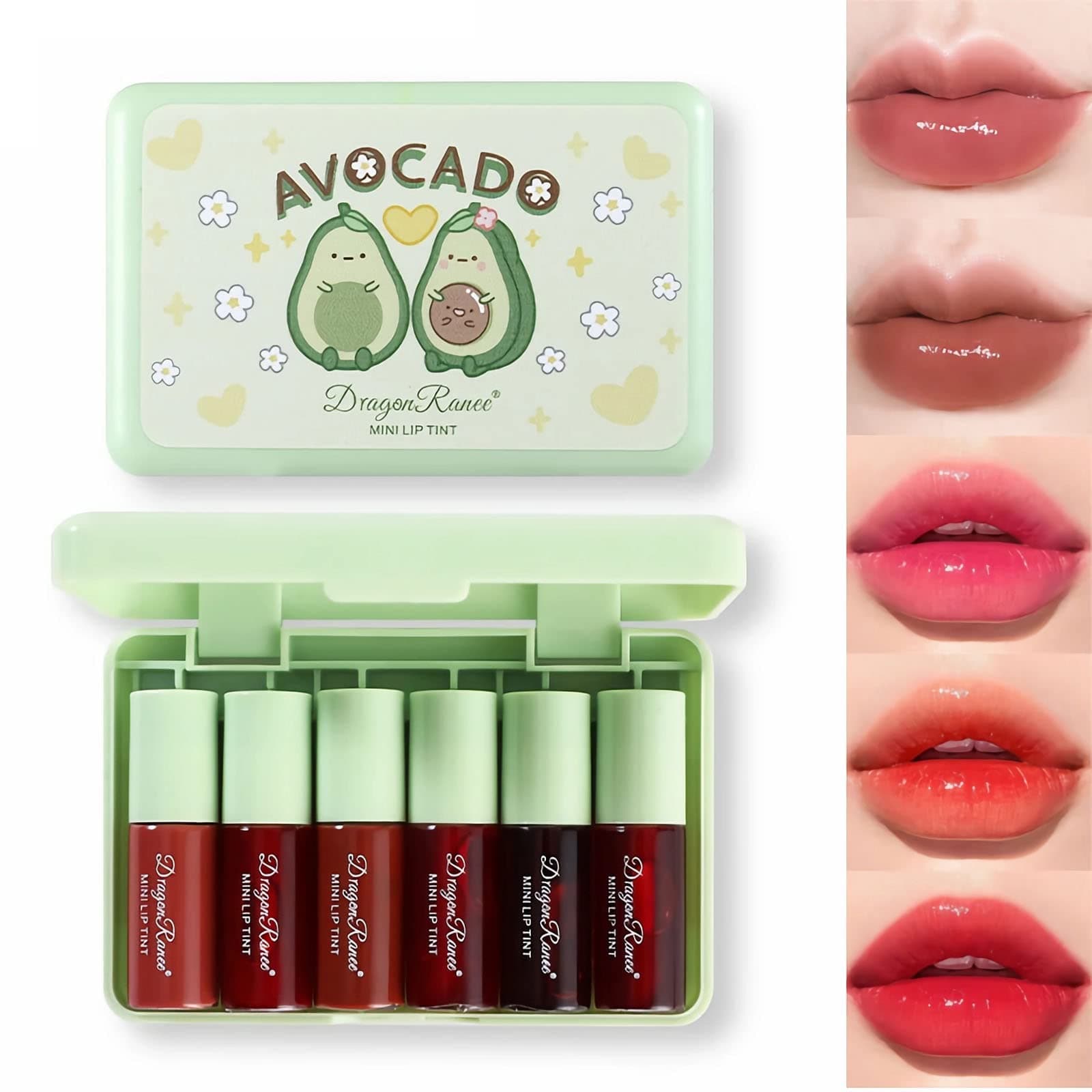 6 Colours Lip Tint Stain Set Liquid Lipstick Hydrating Cheeks and Eyes Tint Moisturiser Lip Gloss Long Lasting Colour Makeup Waterproof Non-Stick Cup (Avocado)