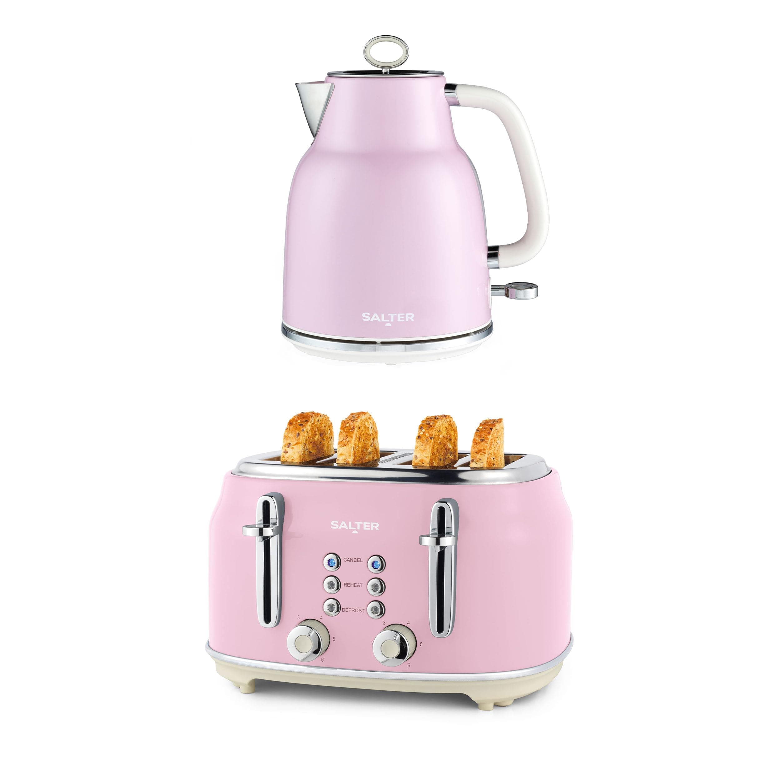 Salter Retro Pink Kettle & Toaster Set – 1.7L Fast Boil Kettle with Removable Limescale Filter, 4-Slice Wide Slot Toaster for Thick Bread/Bagels, Blue Indicator Lights, Vintage Design, 3kW/1630W