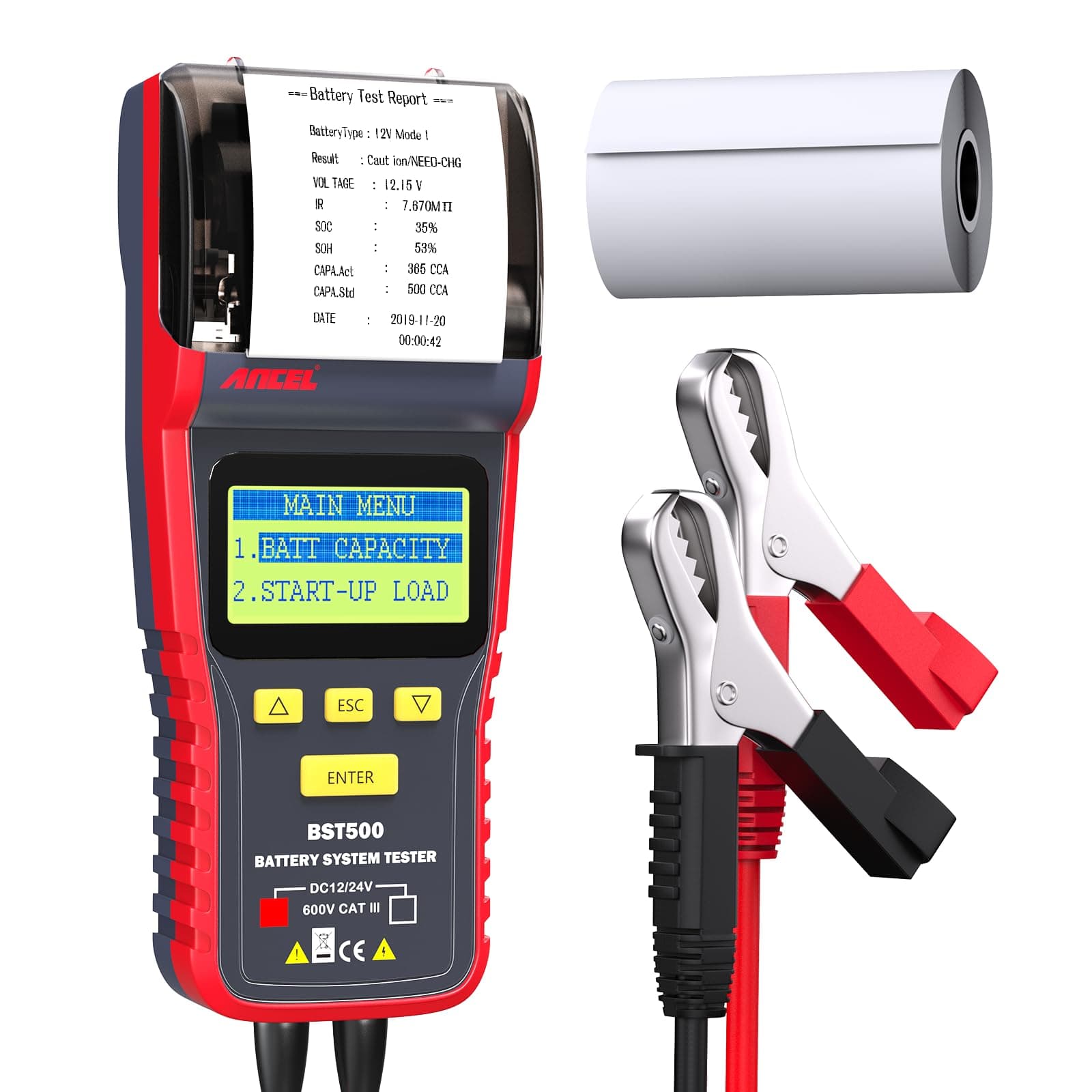ANCEL BST 500 Professional 12V / 24V Automotive Load Battery Tester Print Data Available Digital Analyzer Bad Cell Test Tool for Car/Truck/Motorcycle and More (Black/Red)