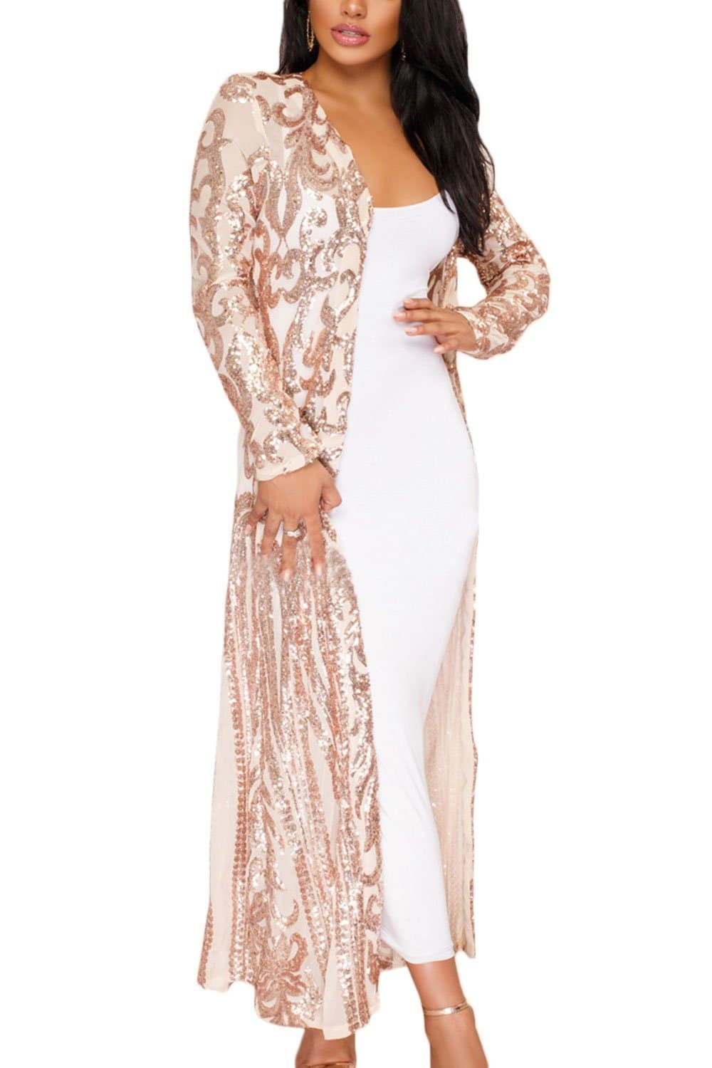 Yulinge Women Sequins Outwear Sheer Ankle Length Cardigan Jacket