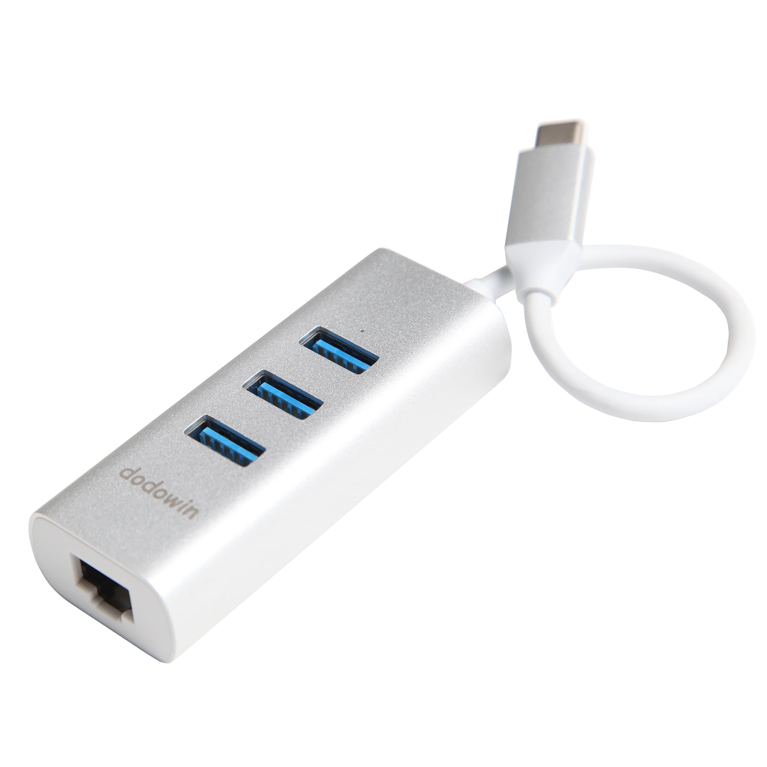 USB C Hub, DODOWIN Type C & Thunderbolt 3 Adapter to 3 USB 3.0 Ports with RJ45 Gigabit Ethernet LAN Network Adapter, Compatible 2018 MacBook Air 2018 MacBook Pro 2017 2016 DELL XPS Chromebook (Silver)