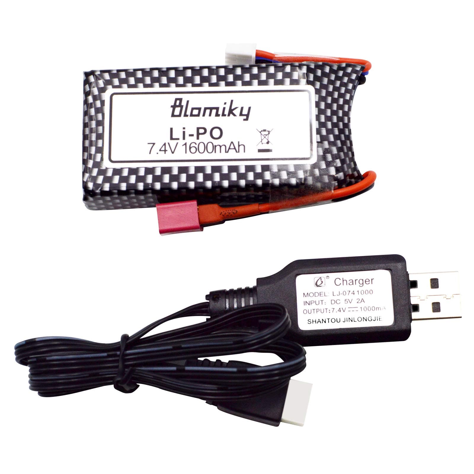 Blomiky 1 Pack 11.84Wh 7.4V 1600mAh T Connector Plug Li-Po Battery and USB Cable Suitable for 9125 1/10 Scale 4X4 48KMH 4X4 Fast RC Truck Cars 25-DJ02 / 9125 Battery 1