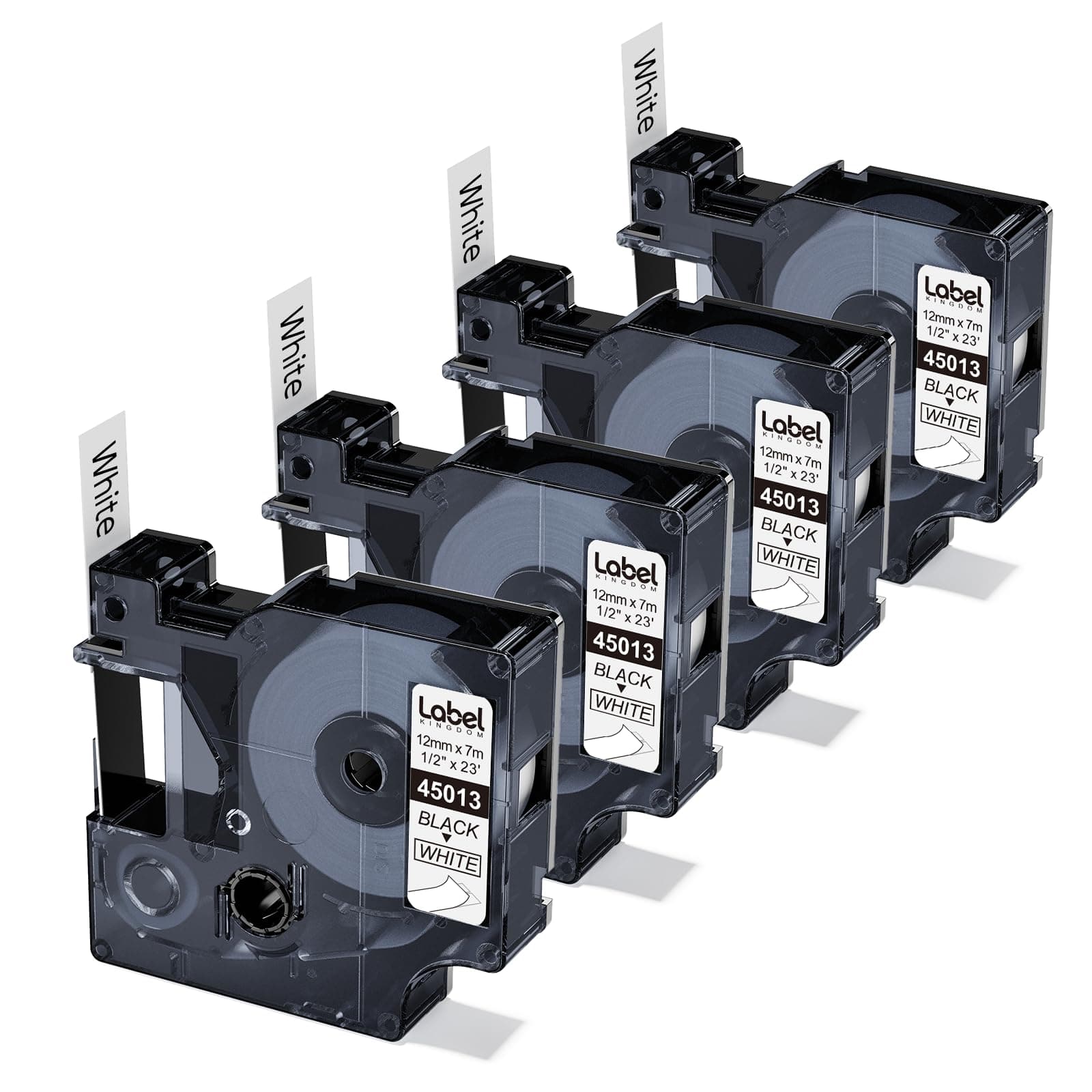 Label KINGDOM Compatible Labels Replacement for DYMO D1 Label Tape Refill 45013 S0720530, 1/2 Inch 23 Feet Black on White Label Maker Tape for Dymo LabelManager 160 210D 260P 450D, 4-Pack