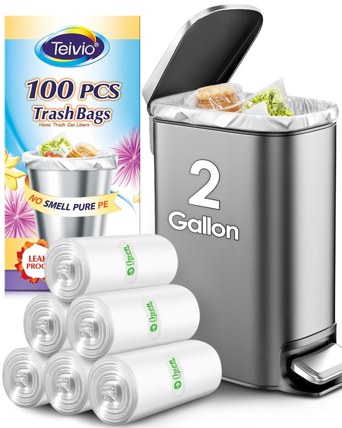 2 Gallon 100 Counts Strong Trash Bags Garbage Bags by Teivio,Small Waste Basket Liners,Bathroom Trash Can Bin Liners, Plastic Bags for home office kitchen Car, Clear