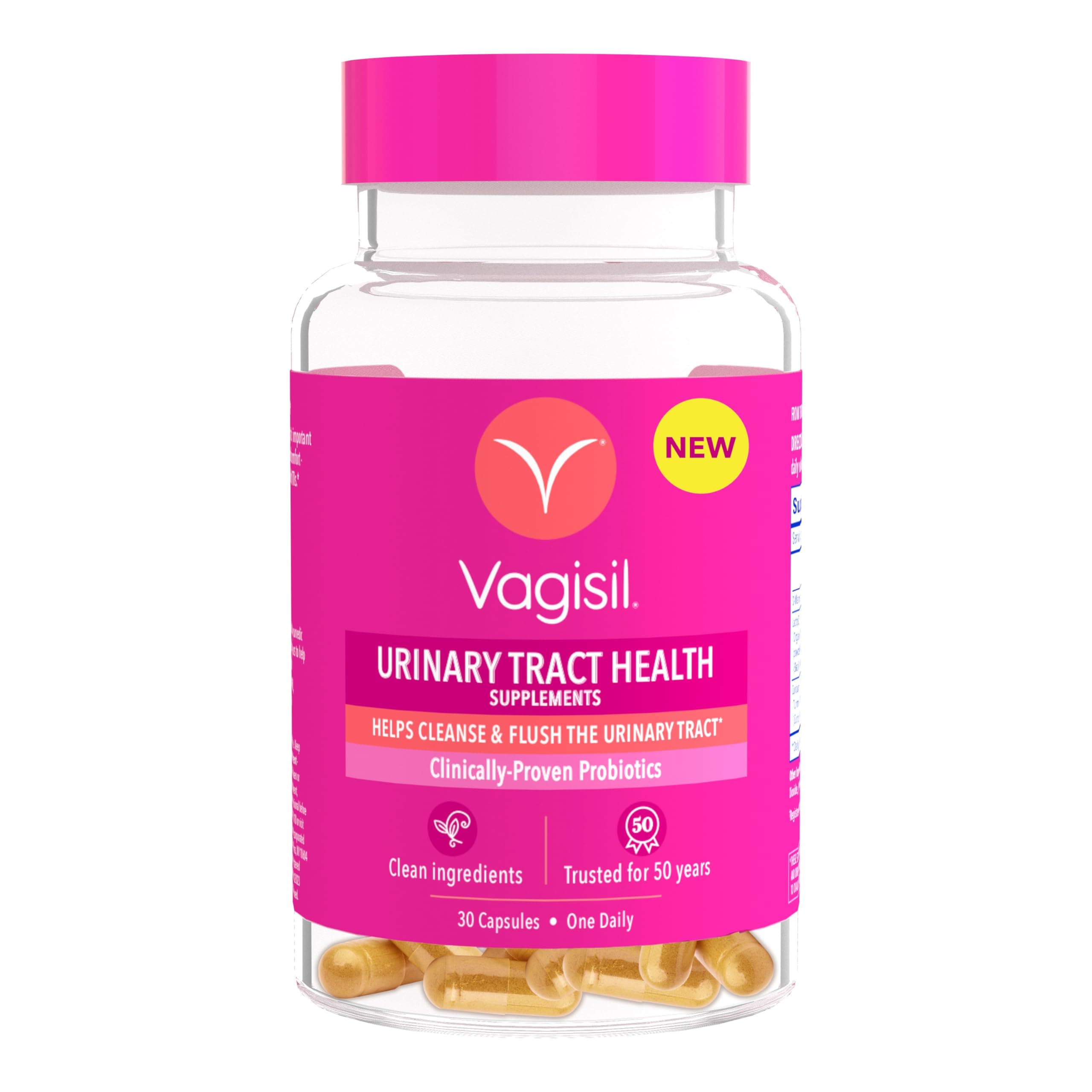 Vagisil Urinary Tract Health Supplements, Clinically-Proven Probiotics, Protects Urinary Tract Health, Clean Ingredients, Helps Cleanse and Flush UTI-Causing Bacteria, 1 Capsule Daily, 30 Capsules