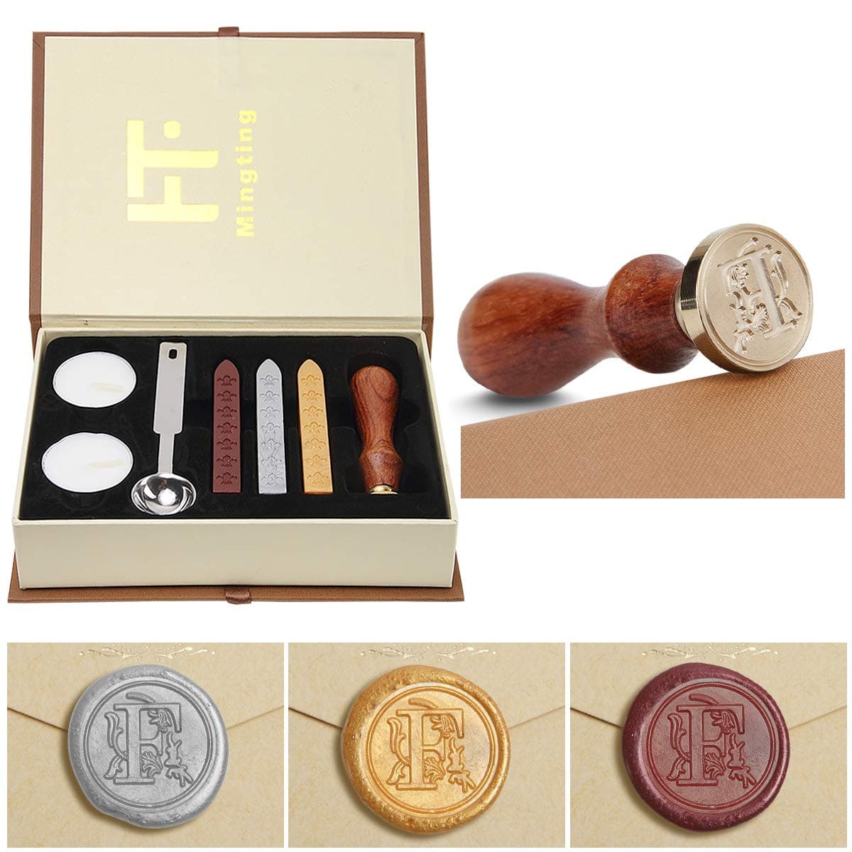 Mingting Wax Seal Stamp Kit,Mingting Classical Old-Fashioned Antique Wax Stamp Seal Kit Initial Letters Alphabet Set Gift Box with Vintage Wooden Handle and Brass Color Head(F)