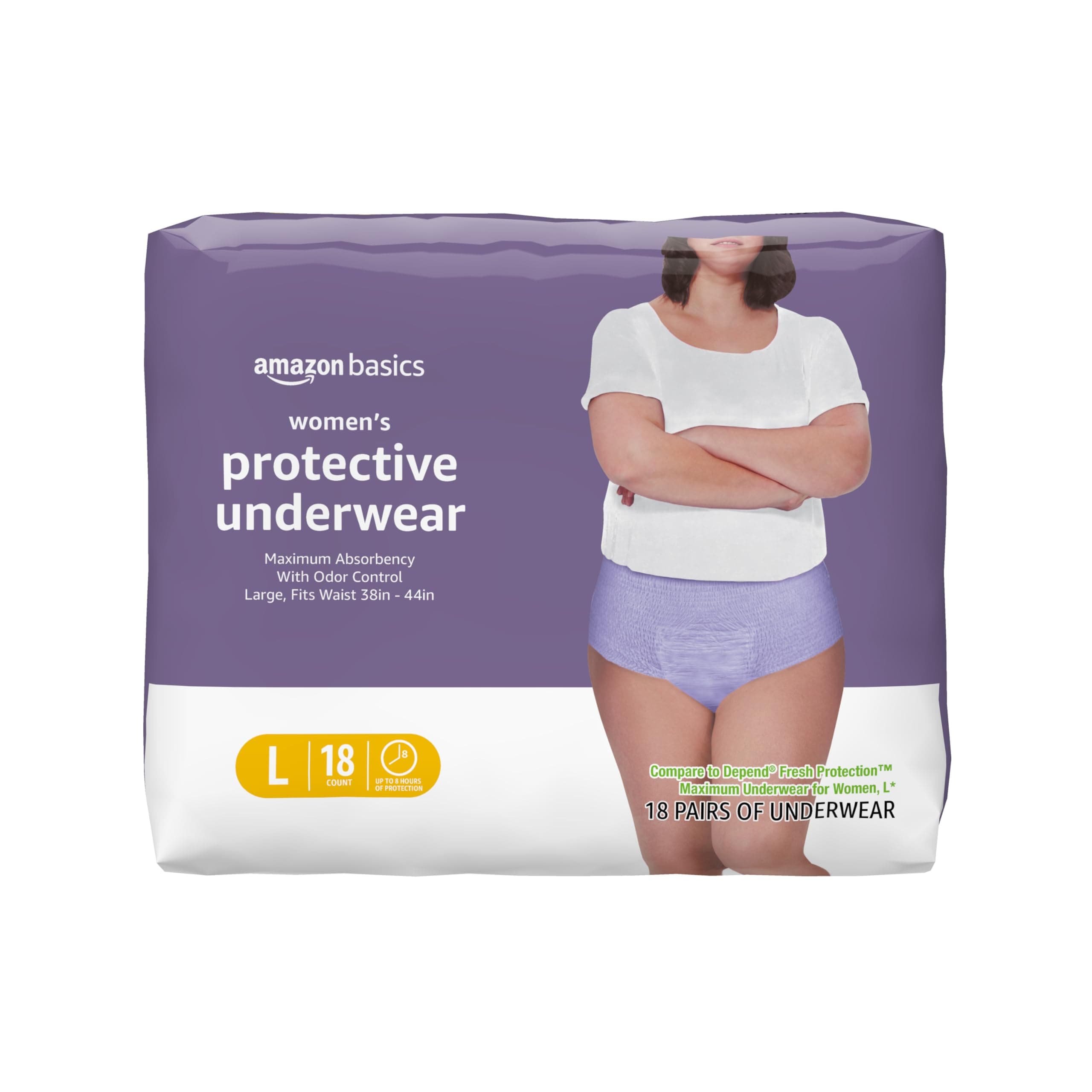 Amazon Basics Postpartum Incontinence Underwear for Women, Maximum Absorbency with Bladder Leak Protection, Fresh Protection, Disposable, Large, Lavender, 18 Count