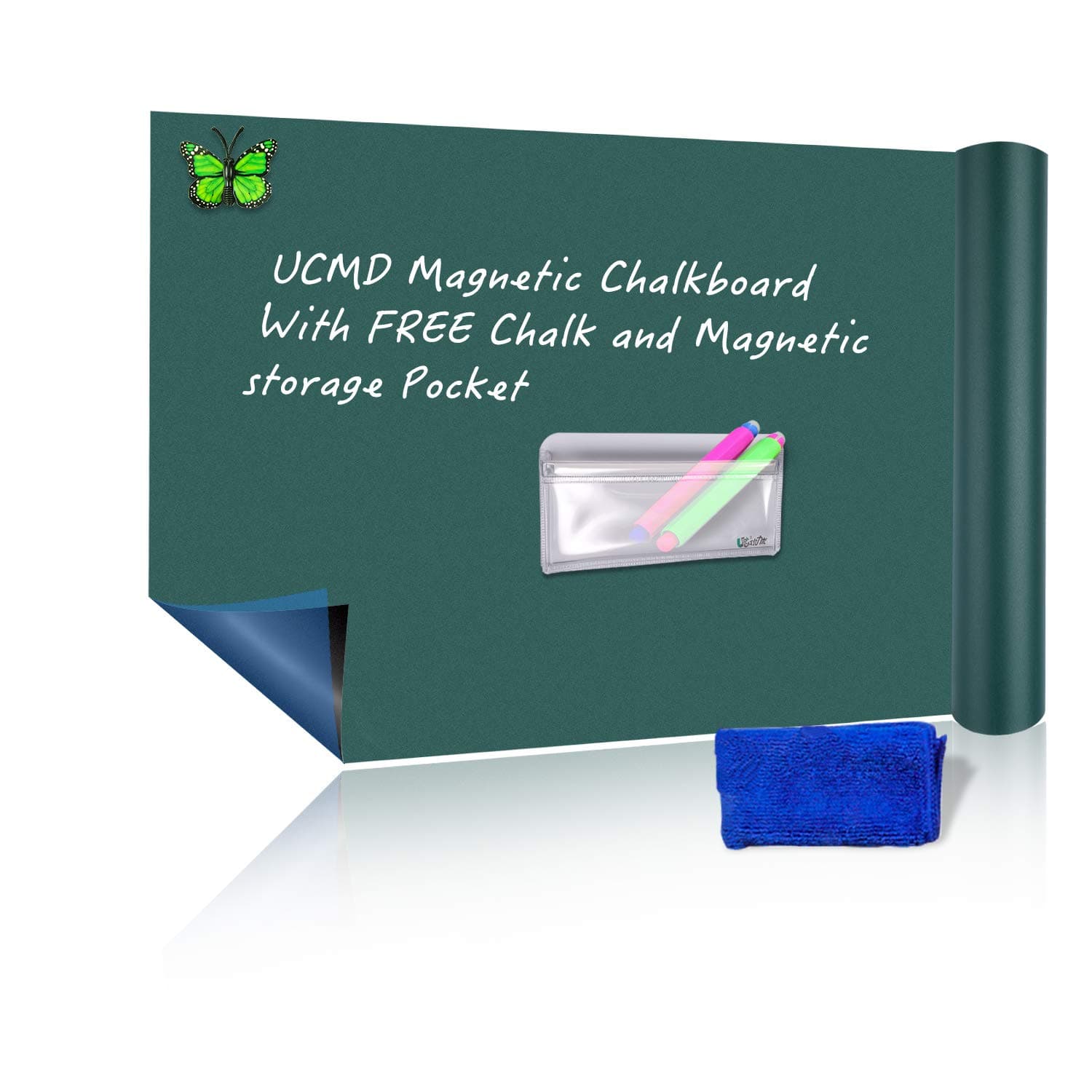 UCMD Large Magnetic Self Adhesive Chalkboard Sticker -31.5”x 23.6''- 2 Dustless Chalks,1Magnetic Bag,Erase Cloth Included - Green Blackboard for School,Office, Home