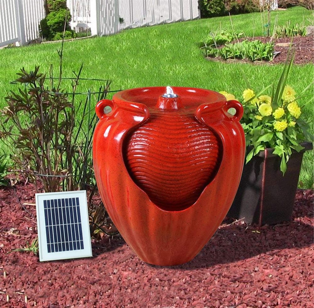 Garden Outdoors Solar Ceramic Pot Urn Terracotta Water Fountain Feature (Red)