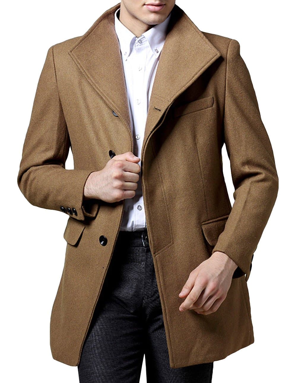 FGYP Men's Slim Fit Wool Single Breasted Spring Khaki Trench Coat 2XL
