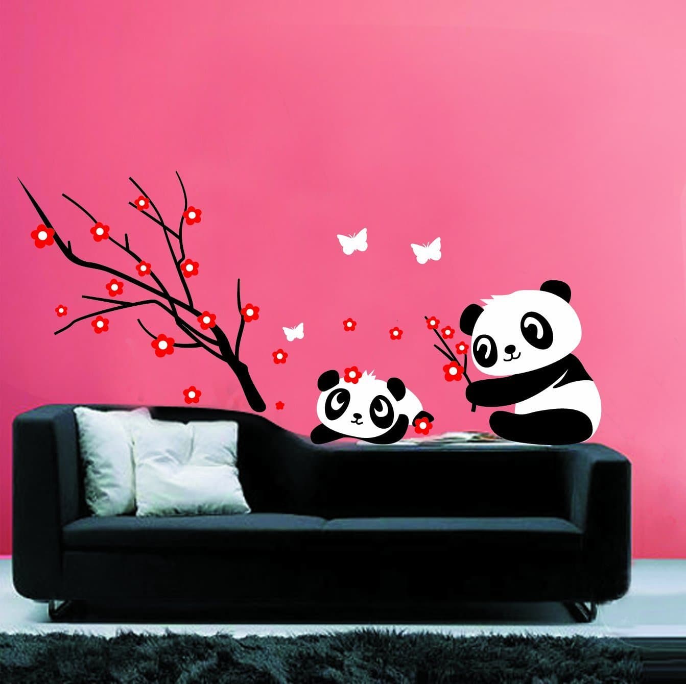 Modern House Panda and Red Cherry Blossom Vinyl Mural Art Wall Sticker Decal