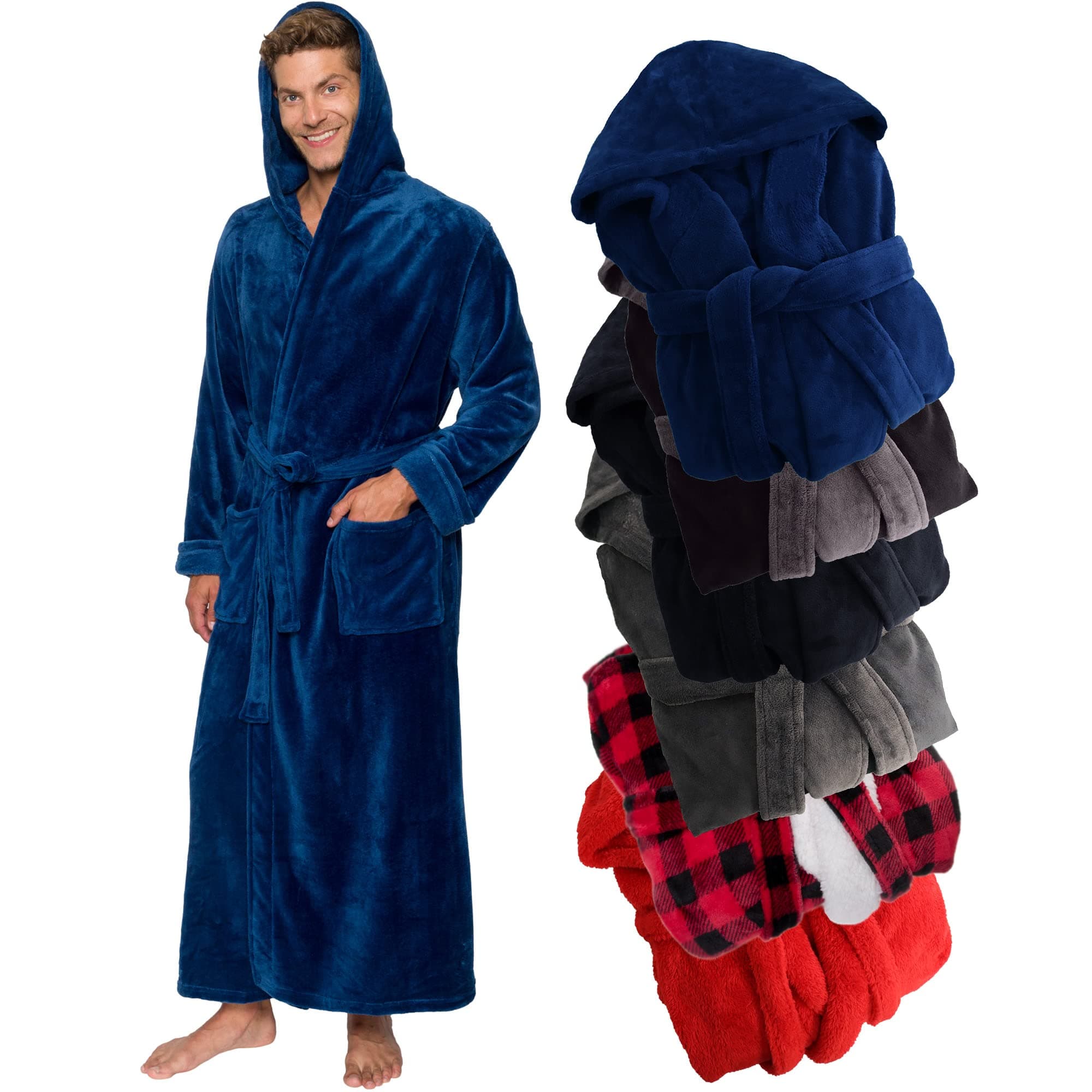 Ross MichaelsMens Robe Hooded Plush Big and Tall - Long Fleece Spa Bath Robe with Hood and Pockets - Gift for Men and Teens