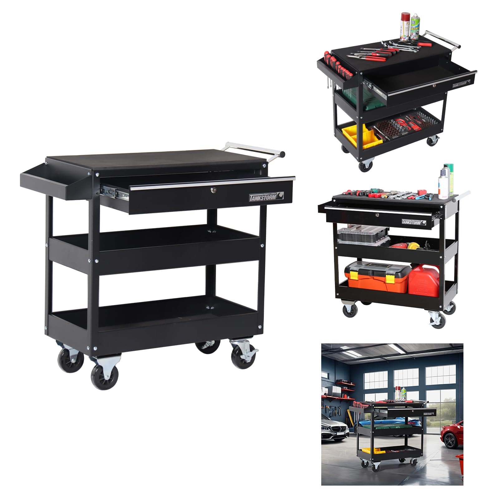 Service Tool Cart with Drawer 3-Tire Rolling, Industrial Commercial Service Cart Black Professional (TQ312)