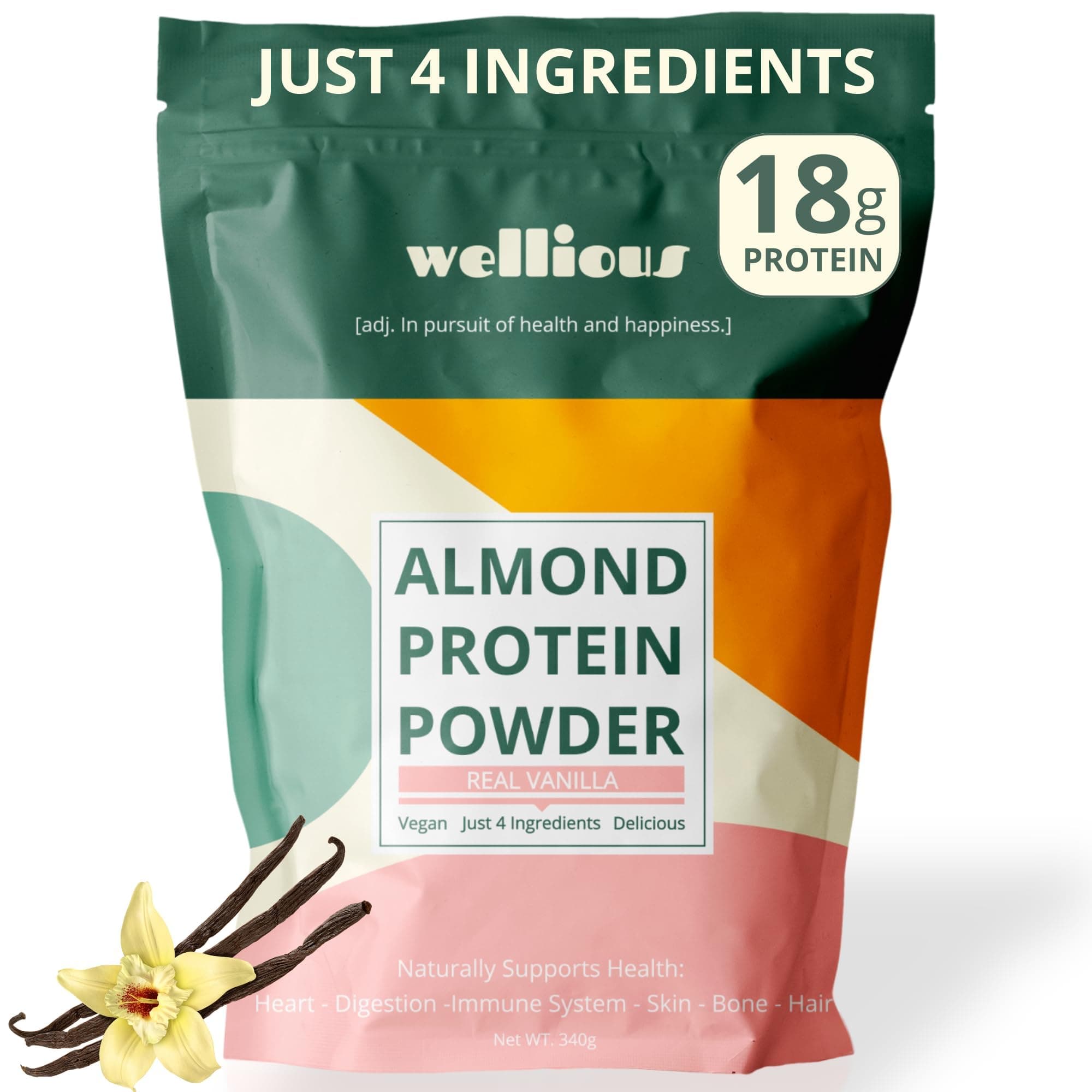 wellious Almond Protein Powder (Vanilla) - 18 Grams of Pure Healthiest Vegan Protein for Women & Men - Perfect Gluten-Free, Soy-Free & Smooth Gut Friendly Protein Powder for Sports Nutrition