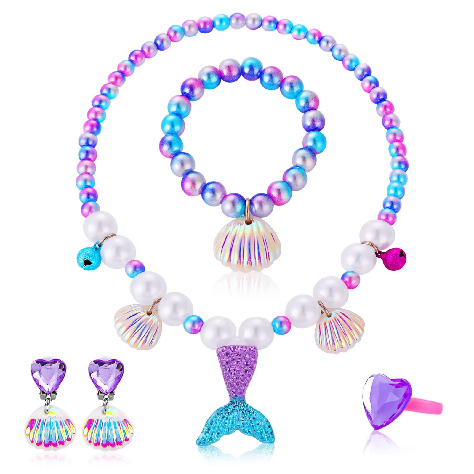 Abeillo Mermaid Jewelry Kit for Girls - Princess Kids' Mermaid Tail Necklace, Shell Bracelet, Ring & Earrings for Dress Up & Birthday Gifts
