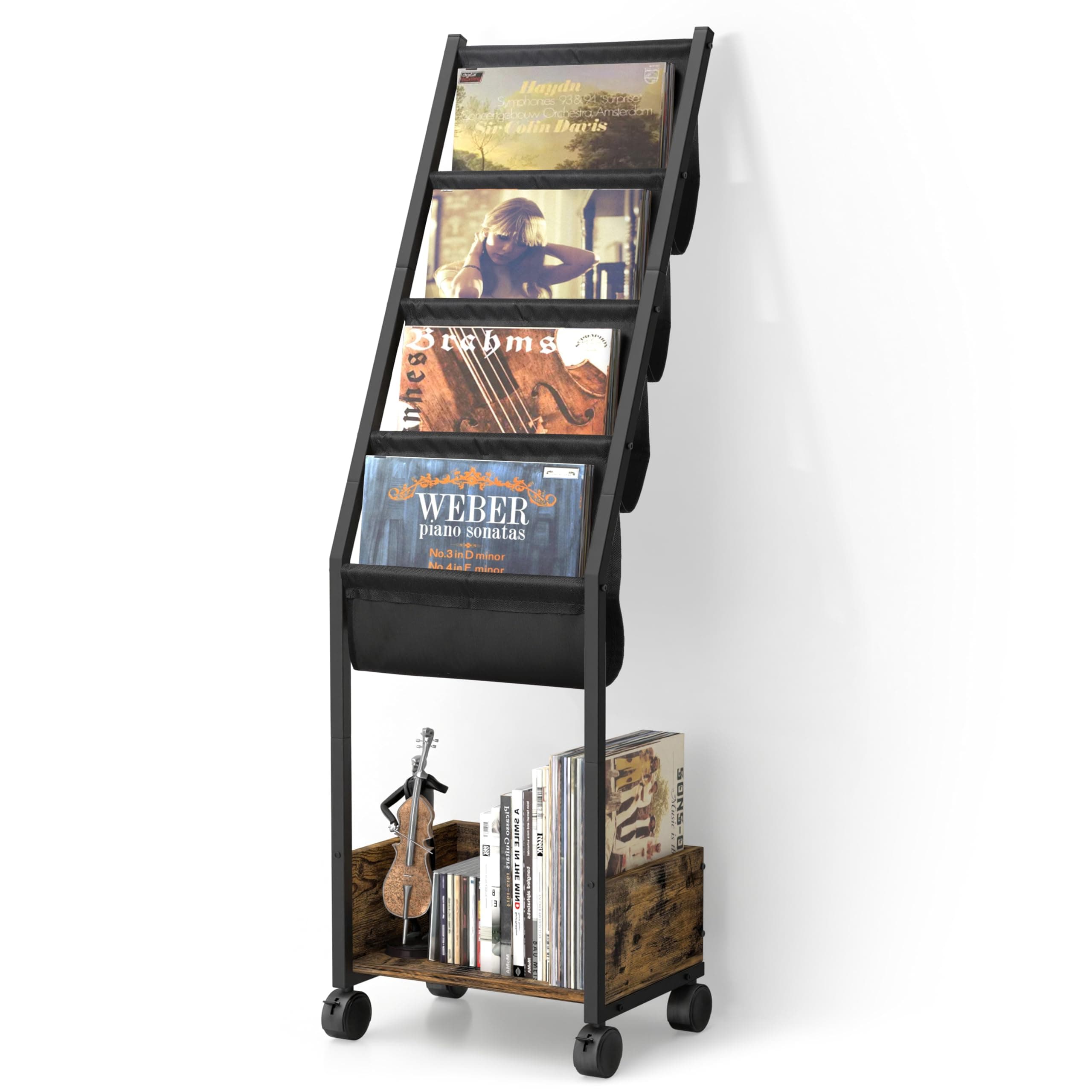 Vinyl Record Player Stand with Storage Holds Up to 100 Albums, 4-Tier Movable Record Cabinet with Display Shelves Vinyl Holder for Turntable, LPs, Books and Magazines