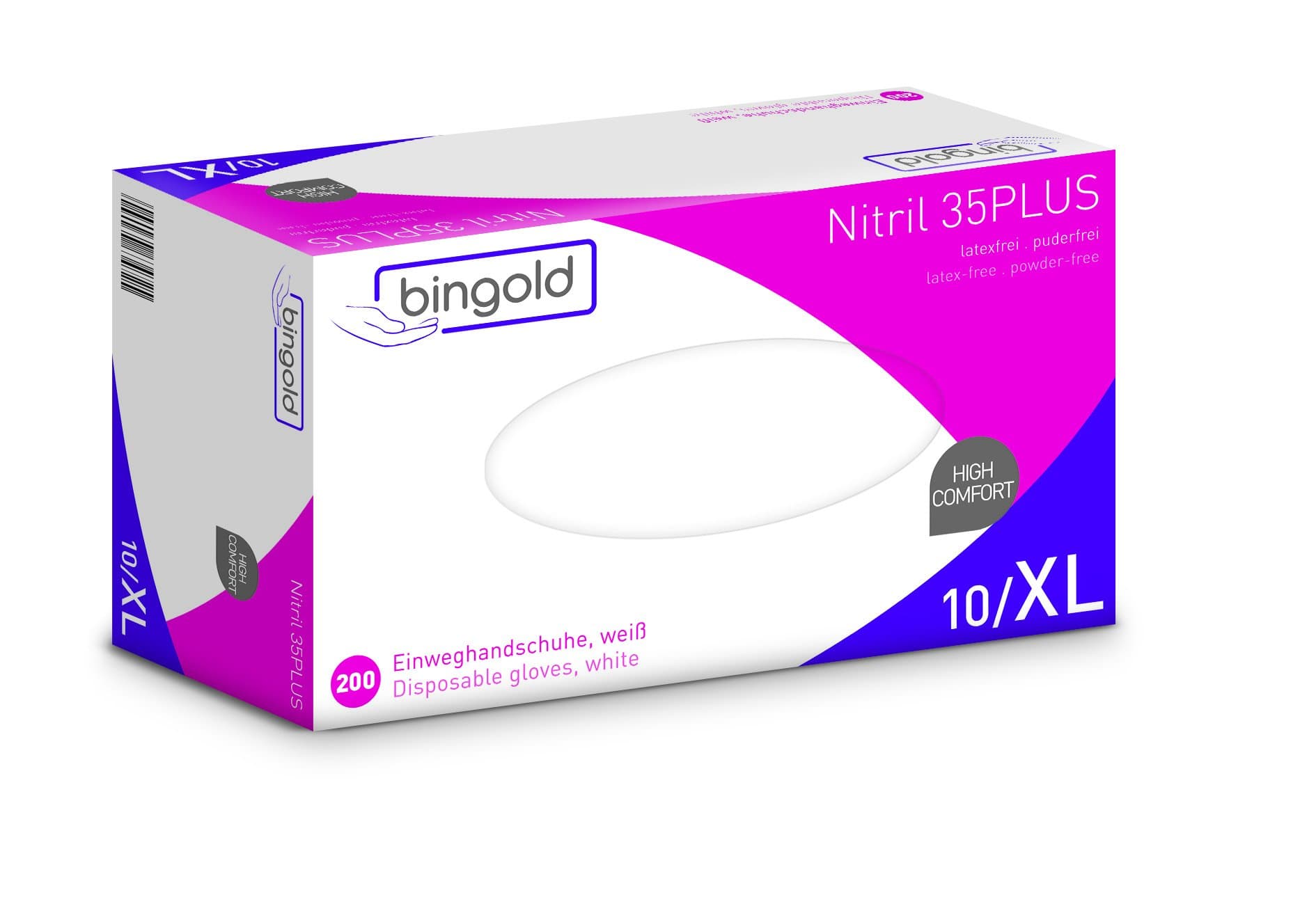 Bingold 634504 Nitrile Plus 200 Bodyshaping CE CAT III Disposable Powder Free Gloves – Extra Large, White (Pack of 200)
