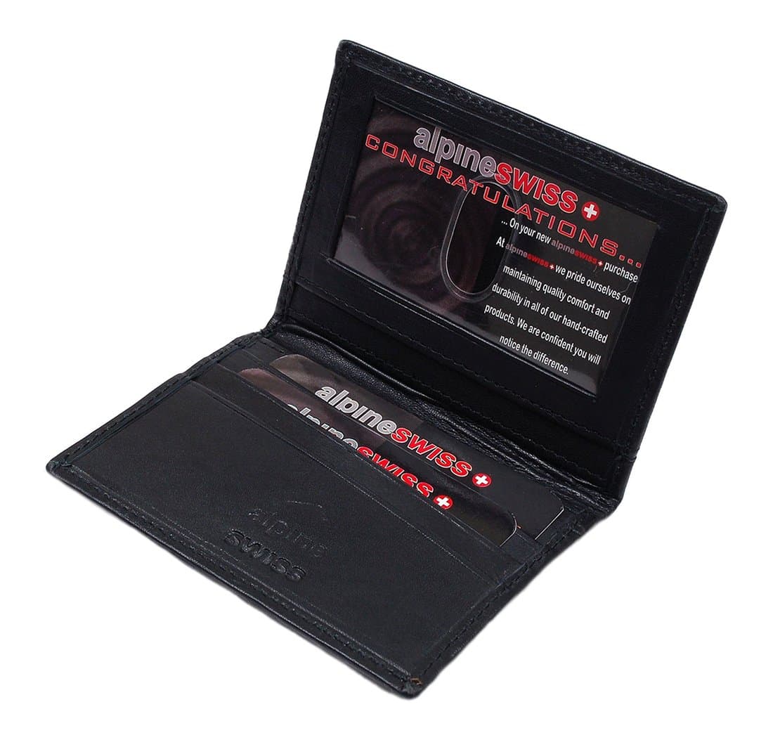 Alpine Swiss Mens Leather Compact Business Card ID Windows 6 slots-Black