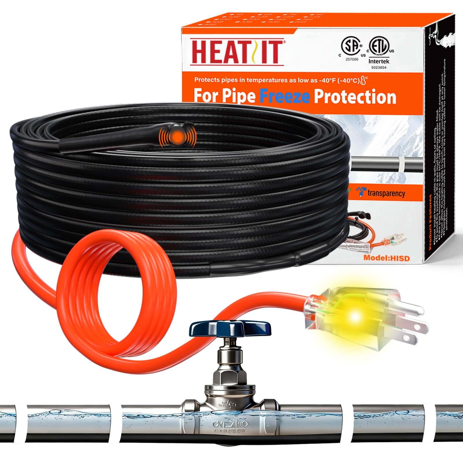HEATIT Heating Cable - CSA & ETL Approved, Prevents Pipe Freeze, Keeps Water Flowing, Energy-Efficient, Reliable Performance, Hassle-Free, Durable Heat Tape for Water Pipes HISD 6ft, 7w/ft, 120V