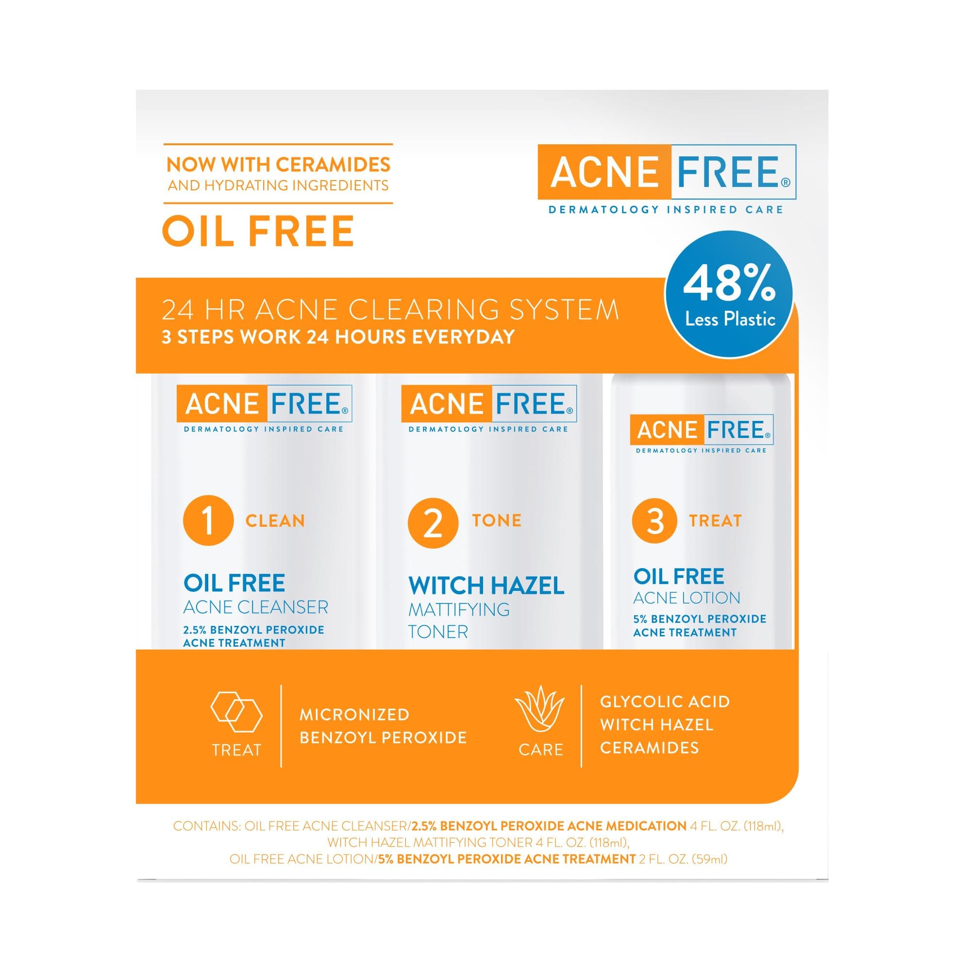 AcneFree 3 Step 24 Hour Acne Treatment Kit - Clearing System w Oil Free Acne Cleanser, Witch Hazel Toner, Oil Free Acne Lotion - Acne Solution w/Benzoyl Peroxide for Teens and Adults - Original