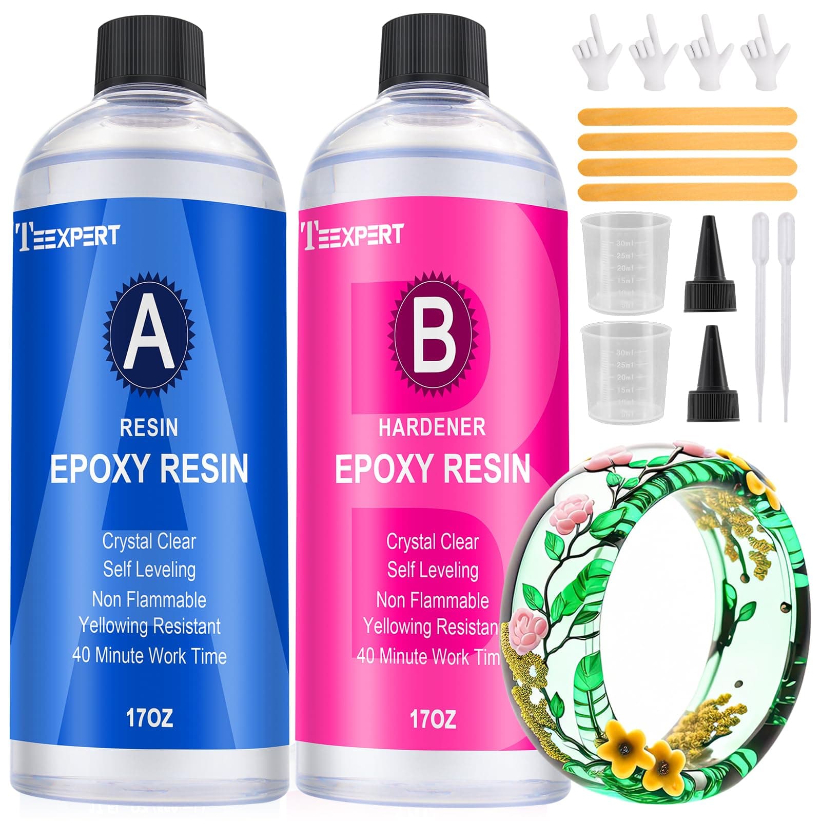 Teexpert Epoxy Resin Crystal Clear: 34oz Epoxy Resin kit 3X Yellowing Resistance Fast Curing for Casting Coating Art DIY Craft Jewelry Wood Table Tumbler - 2 Part(17oz Resin and 17oz Hardener)