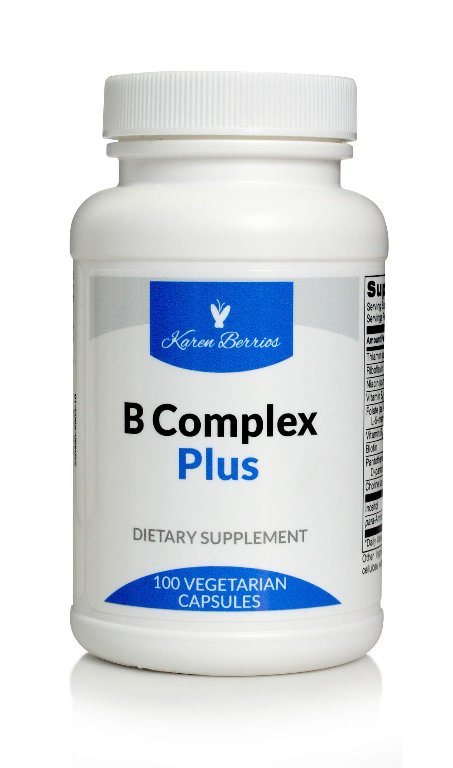 Karen Berrios® B-Complex Plus – Essential B Vitamins with Folate - Metafolin L-5 MTHF and Vitamin B12 – 100 Capsules