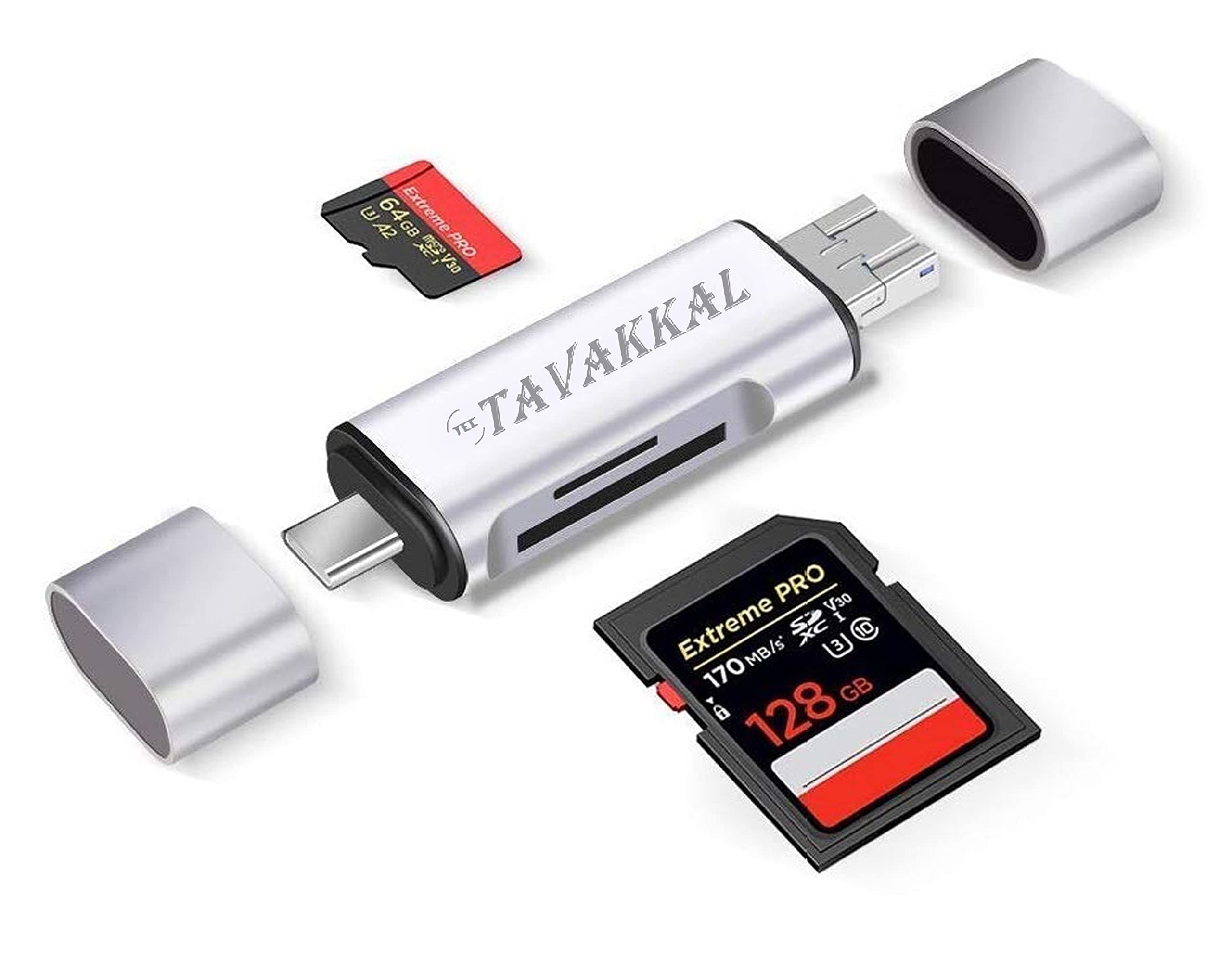 TEC TAVAKKAL Card Reader, USB 3.0 All-in-1 USB 3.0/USB C/Micro USB Card Reader - SD, Micro SD, SDHC, Micro SDHC, Micro SDXC Memory Card Reader for PC Phones with OTG Function (Silver Card Reader)