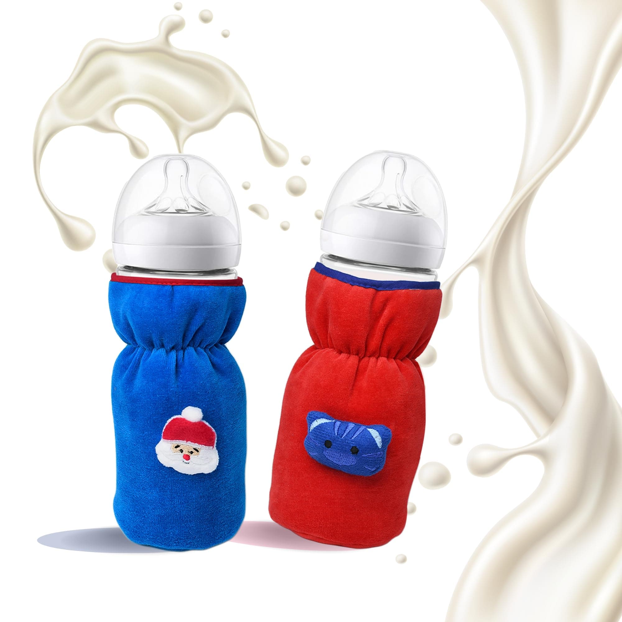 THE LITTLE LOOKERS Bottle Cover for Philips Avent/Wide Neck Feeders Soft Plush Stretchable Baby Feeding Bottle Cover with Easy to Hold Strap (Royal Blue & Red, Wide Neck 240-330ml/8-11OZ)