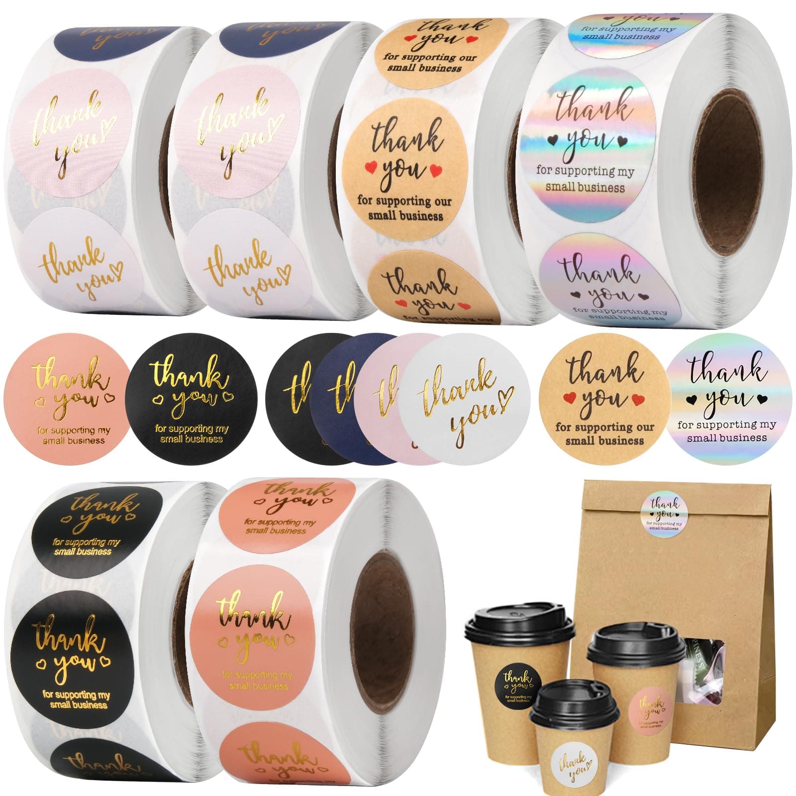 Thank You Stickers Small Business - 6 Rolls 3000 Pieces Thank You for Supporting My Small Business Stickers Labels for Envelopes, Bubble Mailers and Gift Bags Packaging, 1 Inch,500 Pieces Each Roll