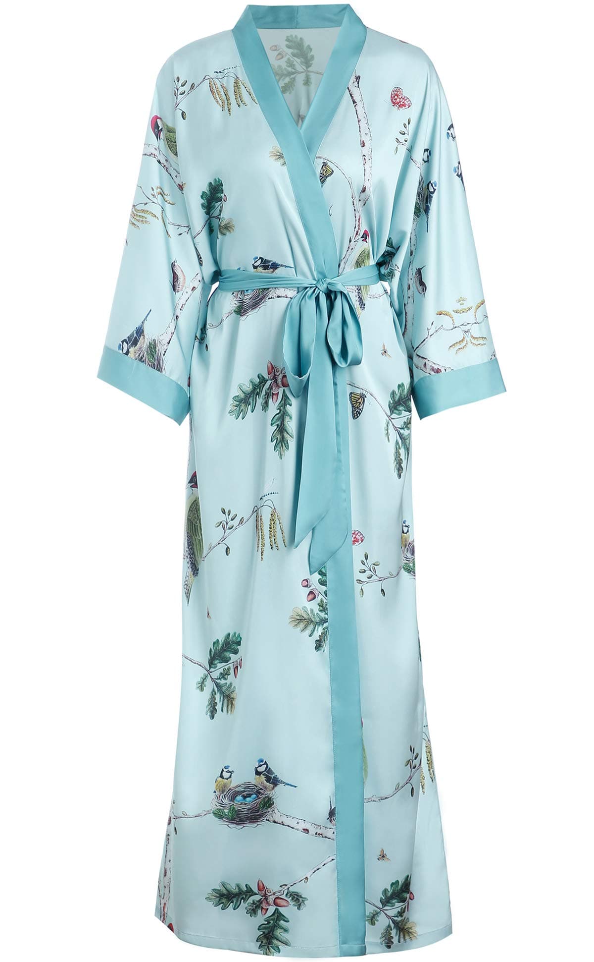long silky kimono robes for women, lightweight & soft floral bridal robe, Teal Birds, One Size