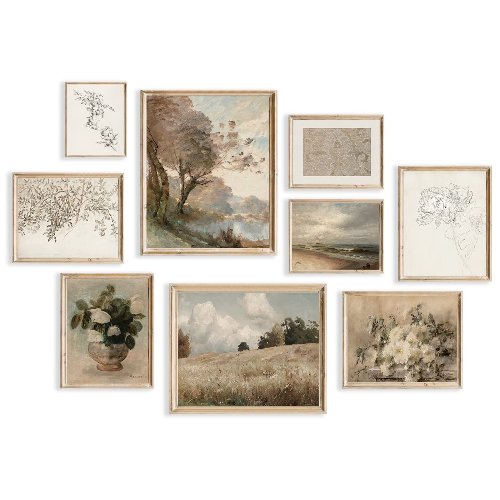 Vintage Wall Art Aesthetic Farmhouse Flower Boho Canvas Prints Rustic Wall Decor for Bedroom Living Room Bathroom Nature Jasmine Fruit Tree Sea Grassland Pictures,UNFRAMED(Floral,9pcs)