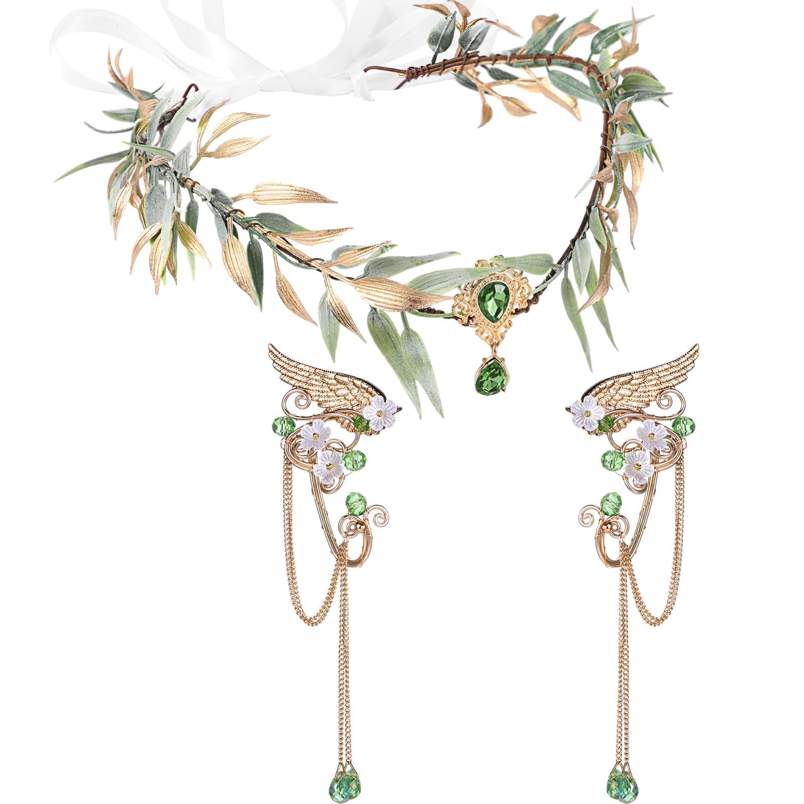 Halloween Elves Cosplay Set Fairy Flower Crown Headpiece Elf Ears Cuffs Renaissance Costume Leaf Elves Wings Ear Cuff