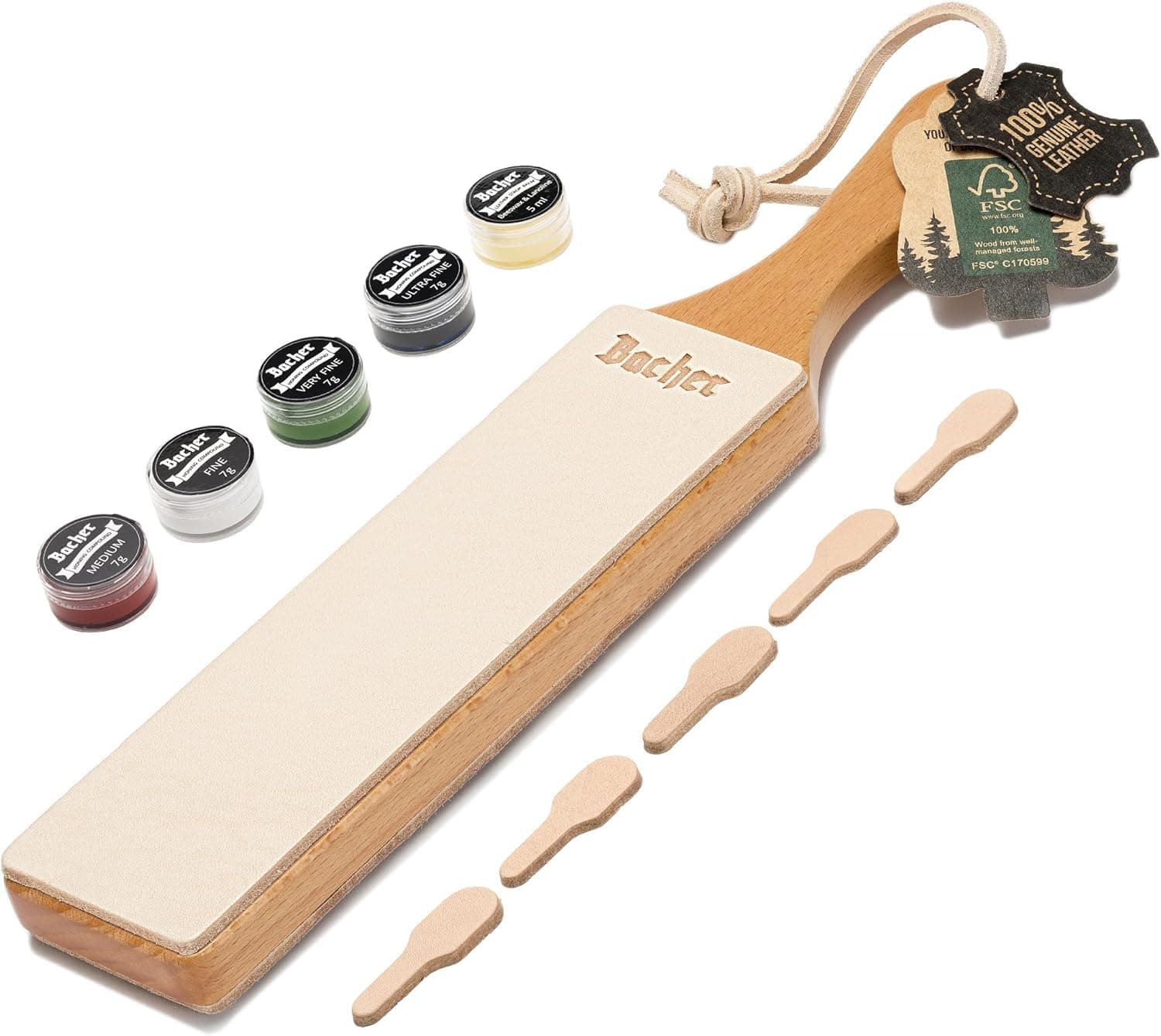 Premium Leather Strop with Polishing Compound Set, 2 Sided Knife Stropping Block for Sharpening and Honing Knives, Woodcarving Chisels Tools